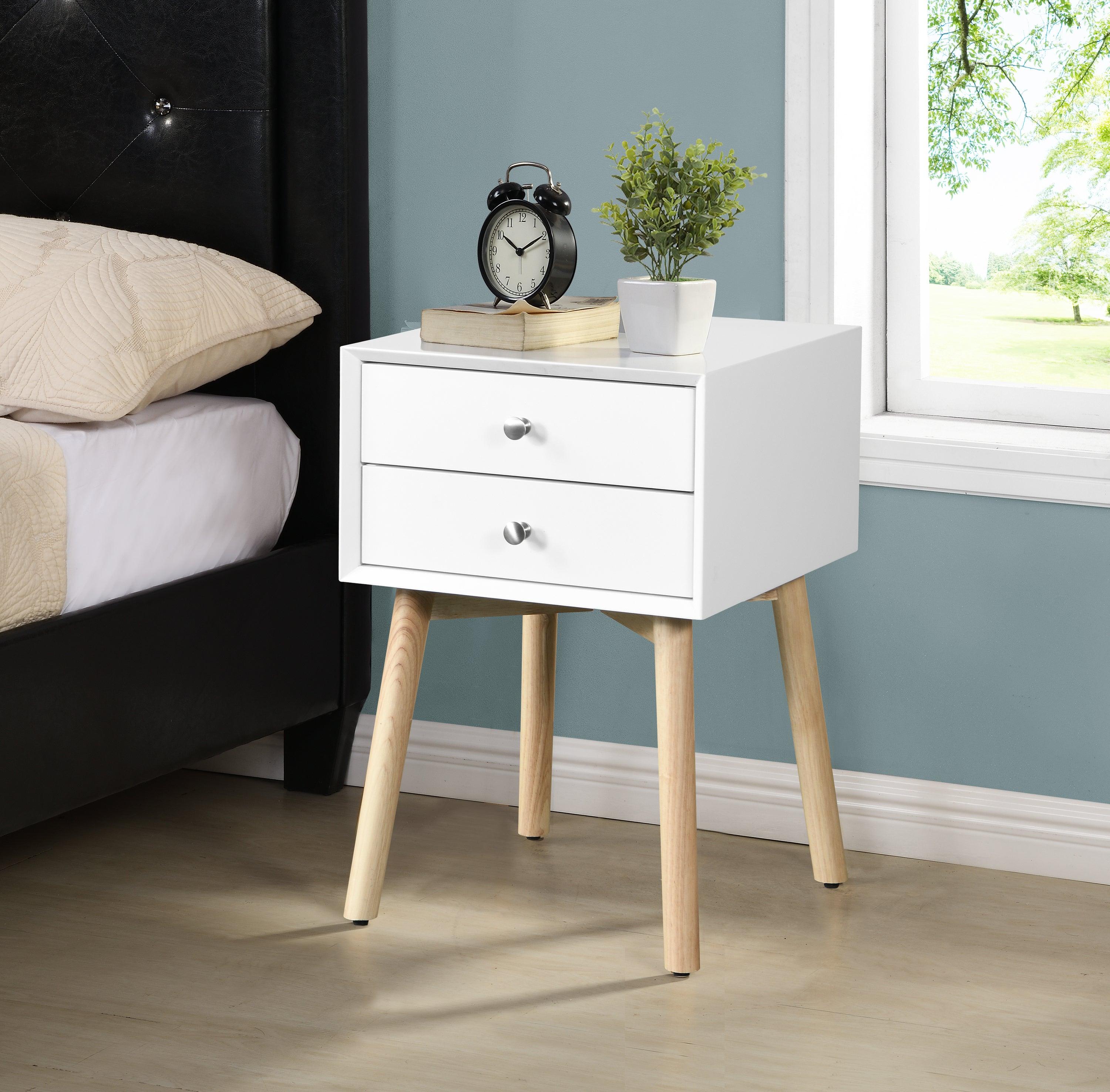 Side Table,Bedside Table with 2 Drawers and Rubber Wood Legs, Mid-CenturyModernStorage Cabinet for Bedroom Living Room, White image