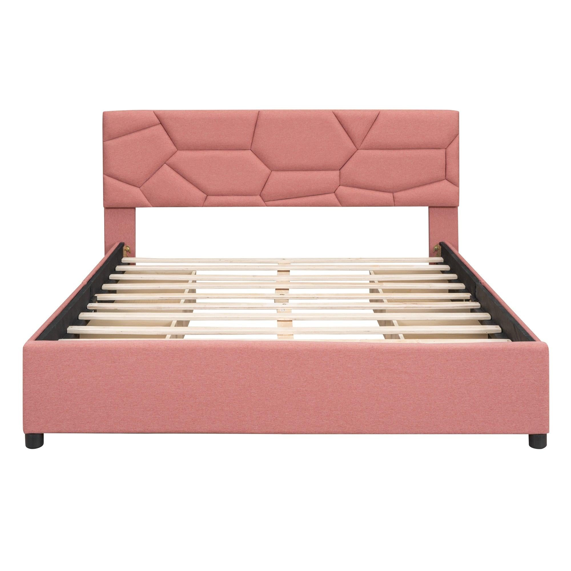 Queen Size Upholstered Platform Bed with Brick Pattern Heardboard and 4 Drawers, Linen Fabric, Pink