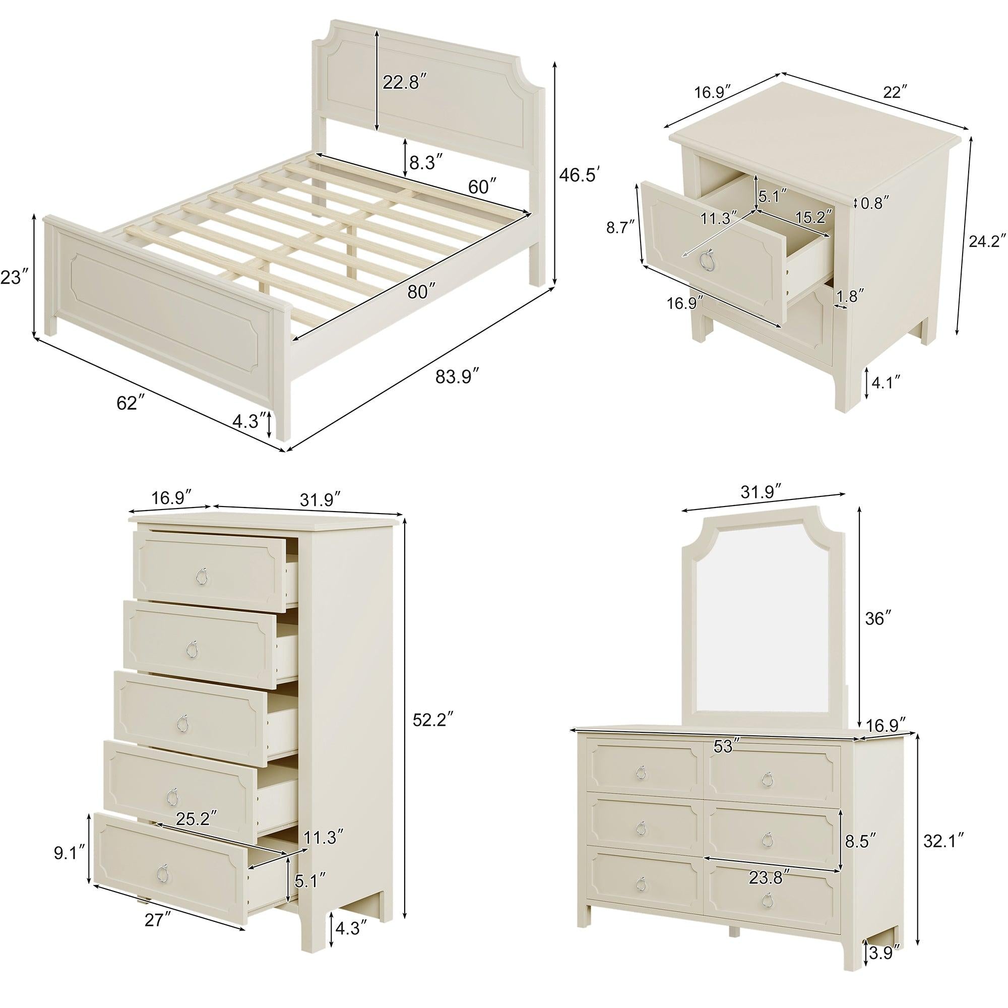 6 Pieces Bedroom Sets Milky White Solid Rubber Wood Queen Size Platform Bed with Nightstand*2, Chest, Mirror and Dresser