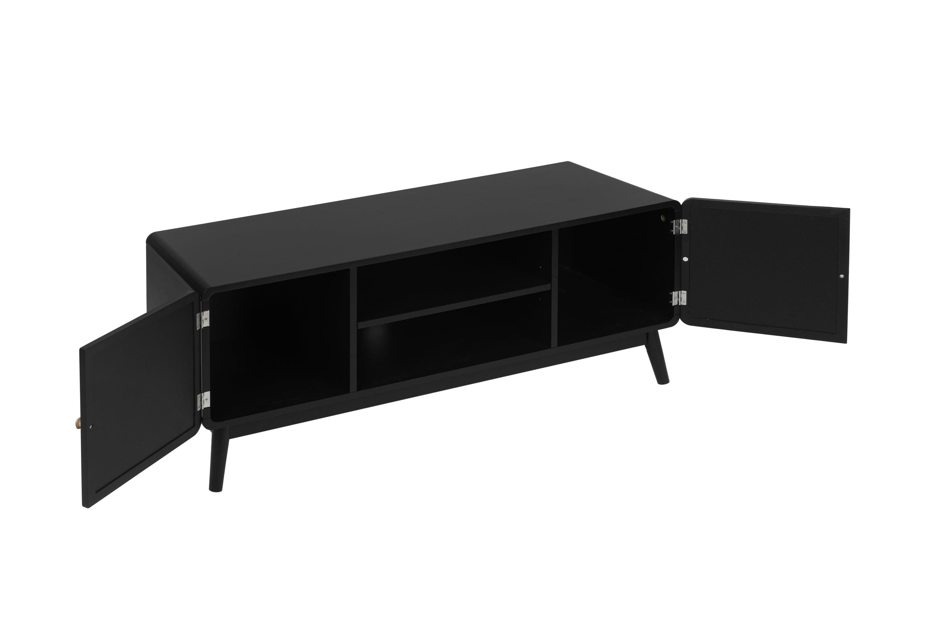 Black TV Console with Rattan Door, Boho TV Stand for Bedroom, Living Room