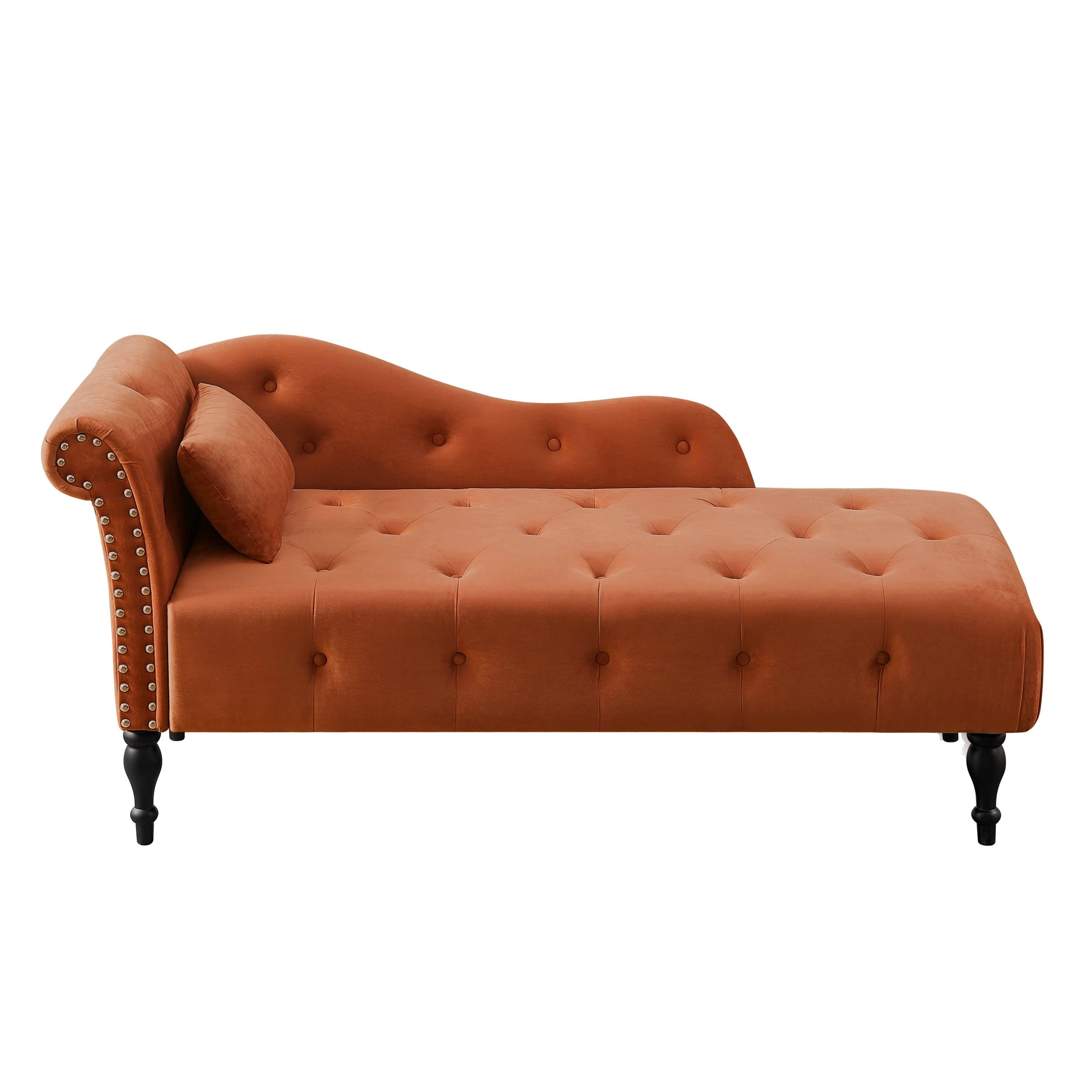 60.6" Velvet Chaise Lounge Buttons Tufted Nailhead Trimmed Solid Wood Legs with 1 Pillow,Orange  (Left Arm Design as Shown in the Picture)