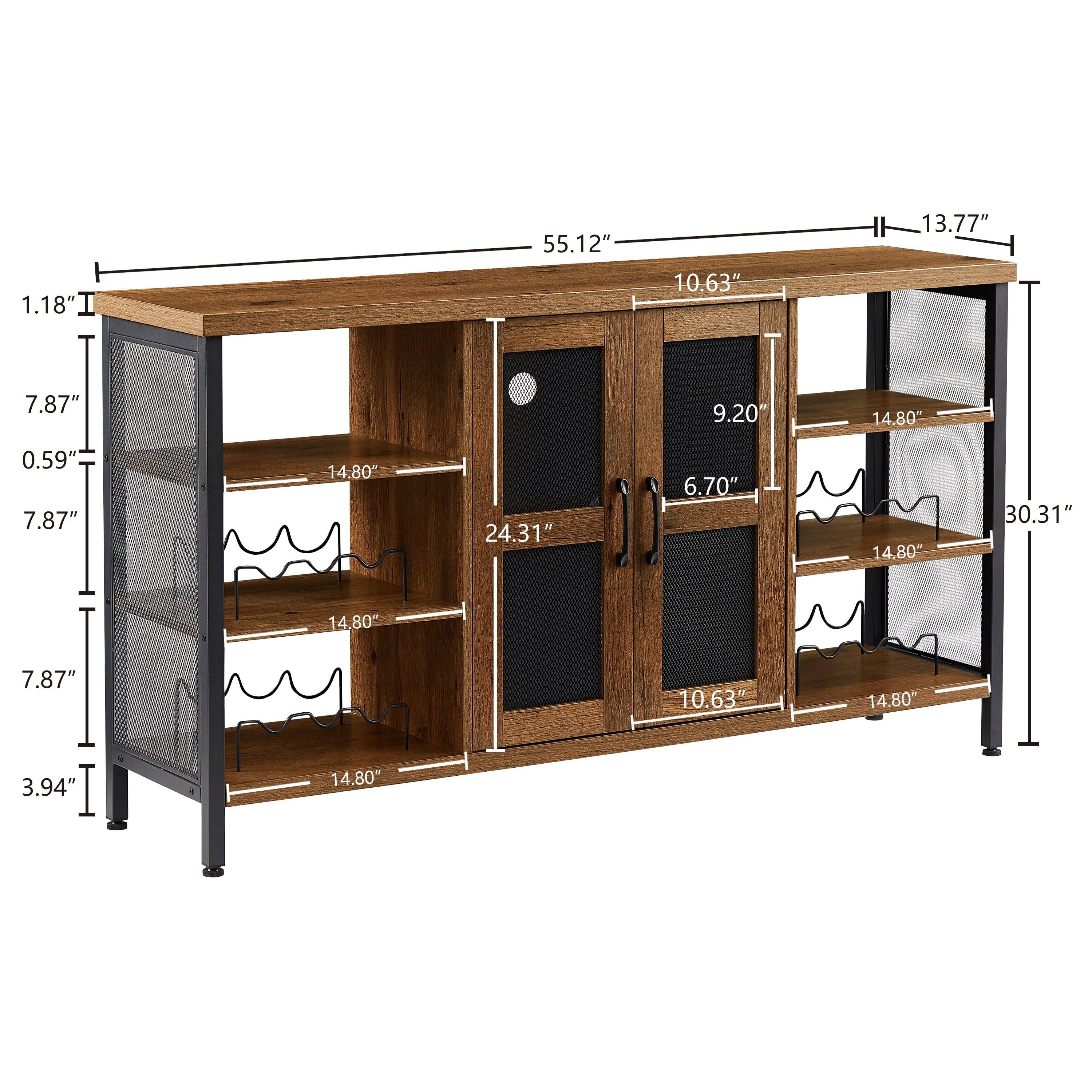 Industrial Wine Bar Cabinet, LiquorStorage Credenza, Sideboard with Wine Racks & Stemware Holder (Hazelnut Brown, 55.12''w x 13.78''d x 30.31' ' h)