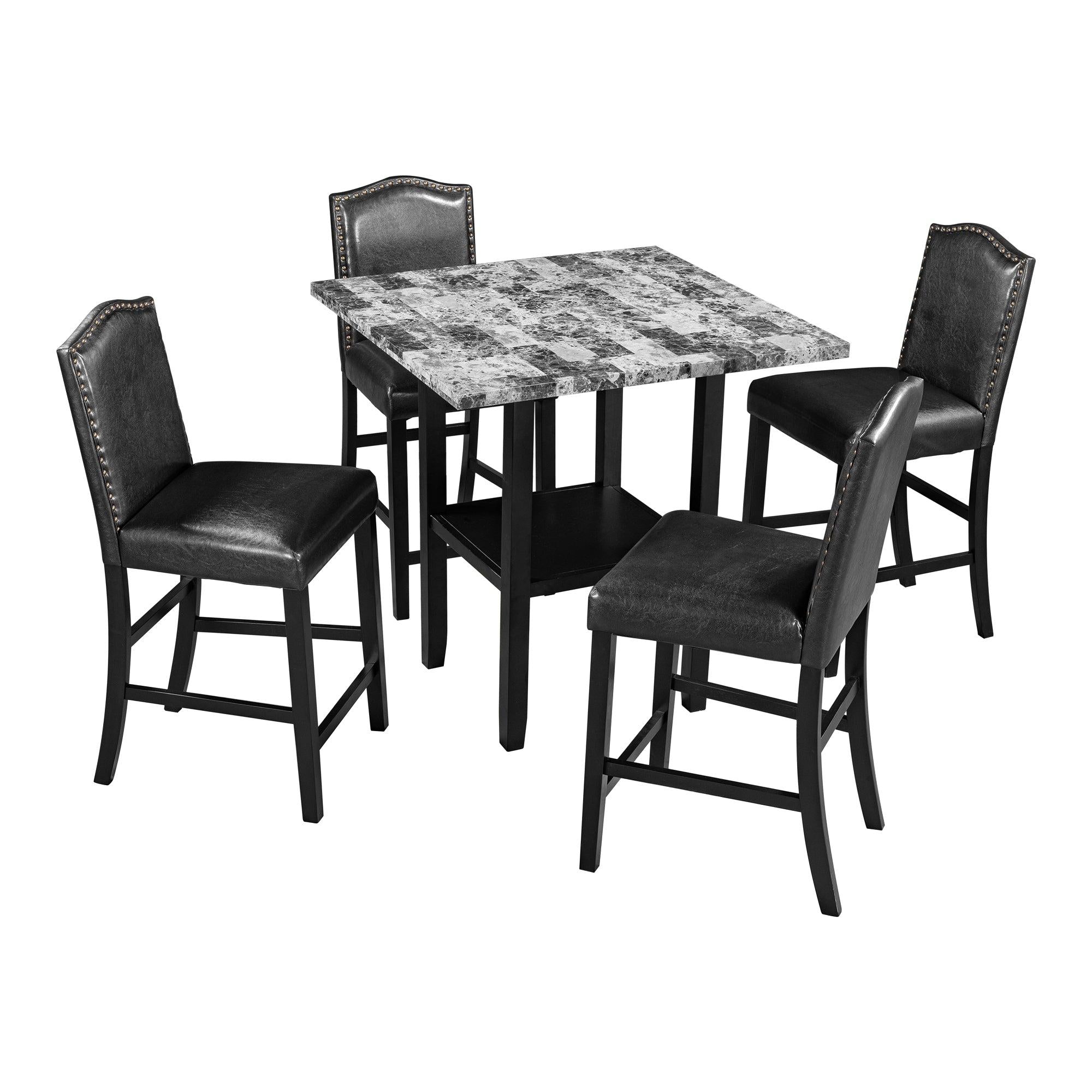 5 Piece Dining Set with Matching Chairs and Bottom Shelf for Dining Room, Black Chair+Gray Table