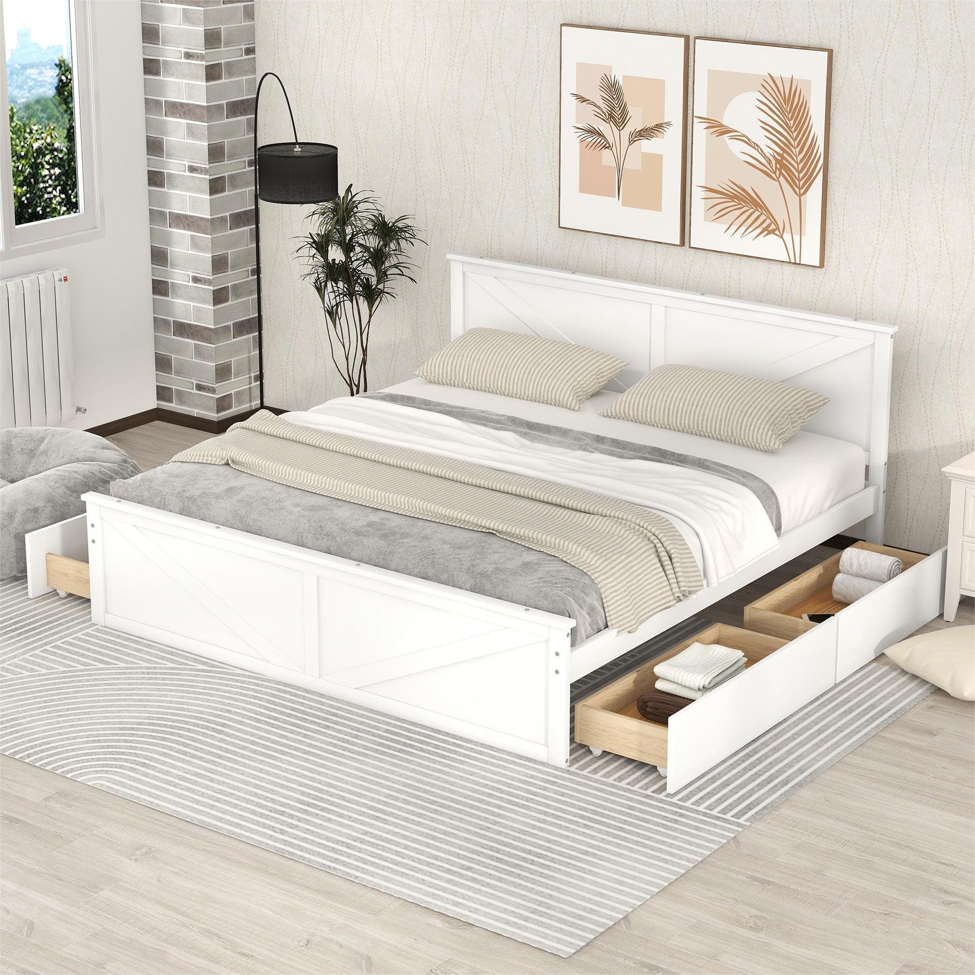 King Size Wooden Platform Bed with FourStorage Drawers and Support Legs, White image