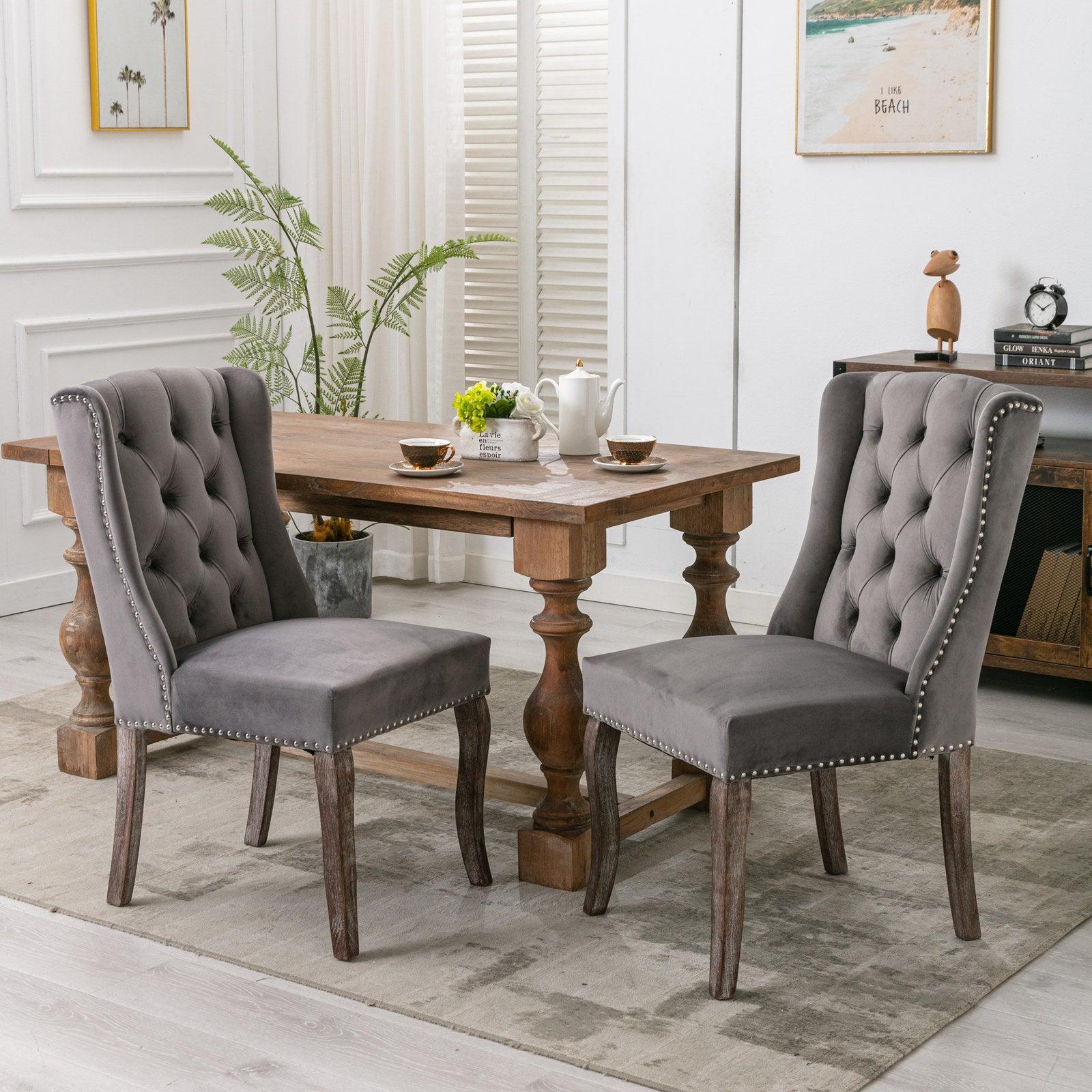 Wingback Dining Chair，Traditional Tufted Upholstered America Luxury Chairs， Country Cottage Farm Beach Dining Kitchen Vintage Style Side Chair, Velvet Fabric Wood, Set of 2，Gray image