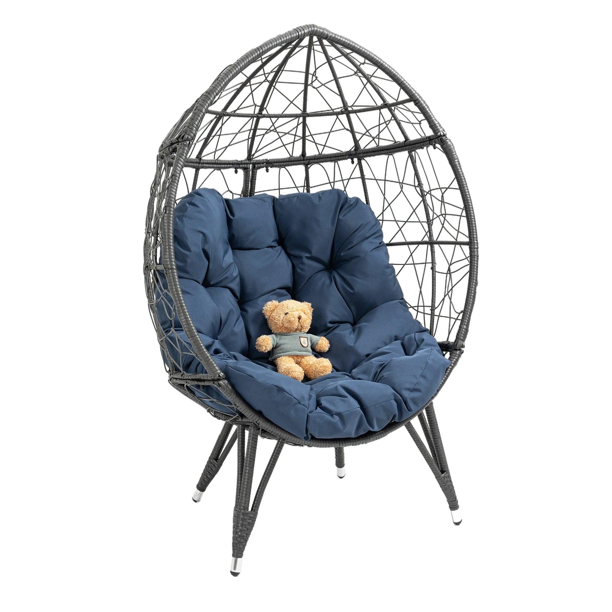 Outdoor Patio Wicker Egg Chair Indoor Basket Wicker Chair with Navy Cusion for Backyard Poolside