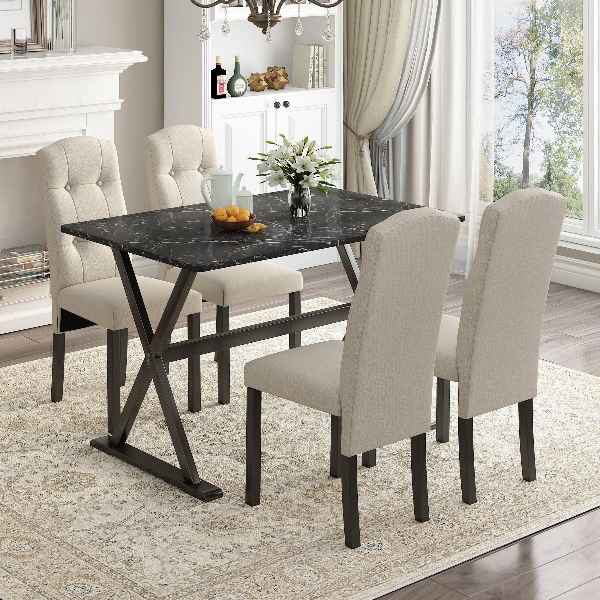 Solid Wood 5-Piece Dining Table Set with Faux Marble Tabletop and Upholstered Dining Chairs for 4, Faux Marble Black+Beige image