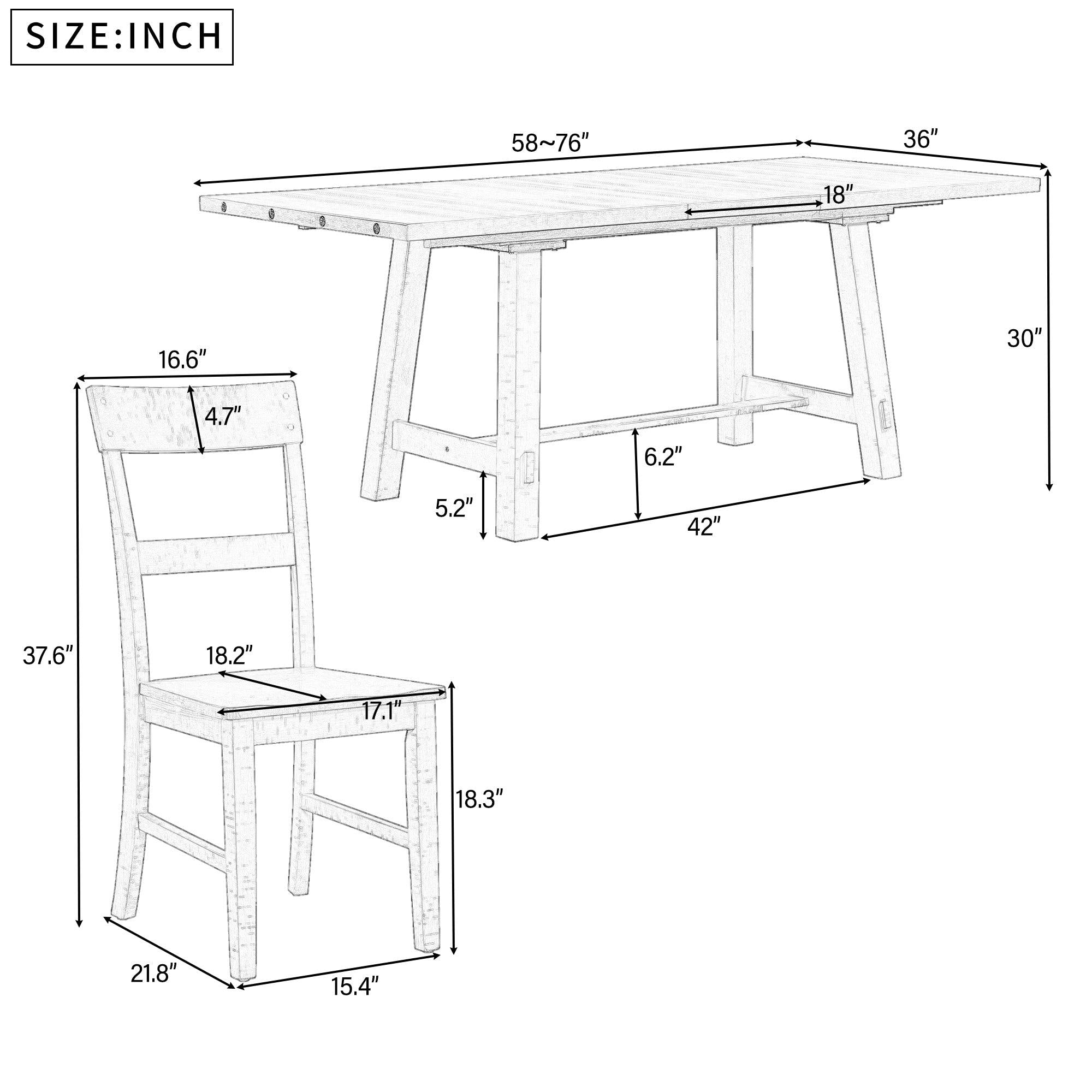 Retro Industrial Style 7-Piece Dining Table Set Extendable Table with 18” Leaf and Six Wood Chairs 
(Gray)