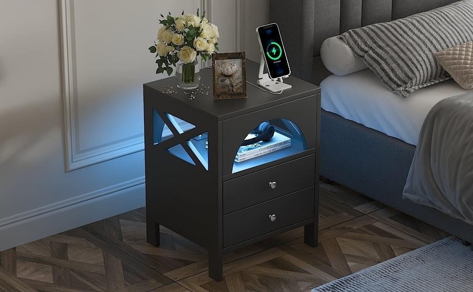 Nightstand with USB Charging Ports and LED Lights,End Table with 2 Drawers and Shelf,Black