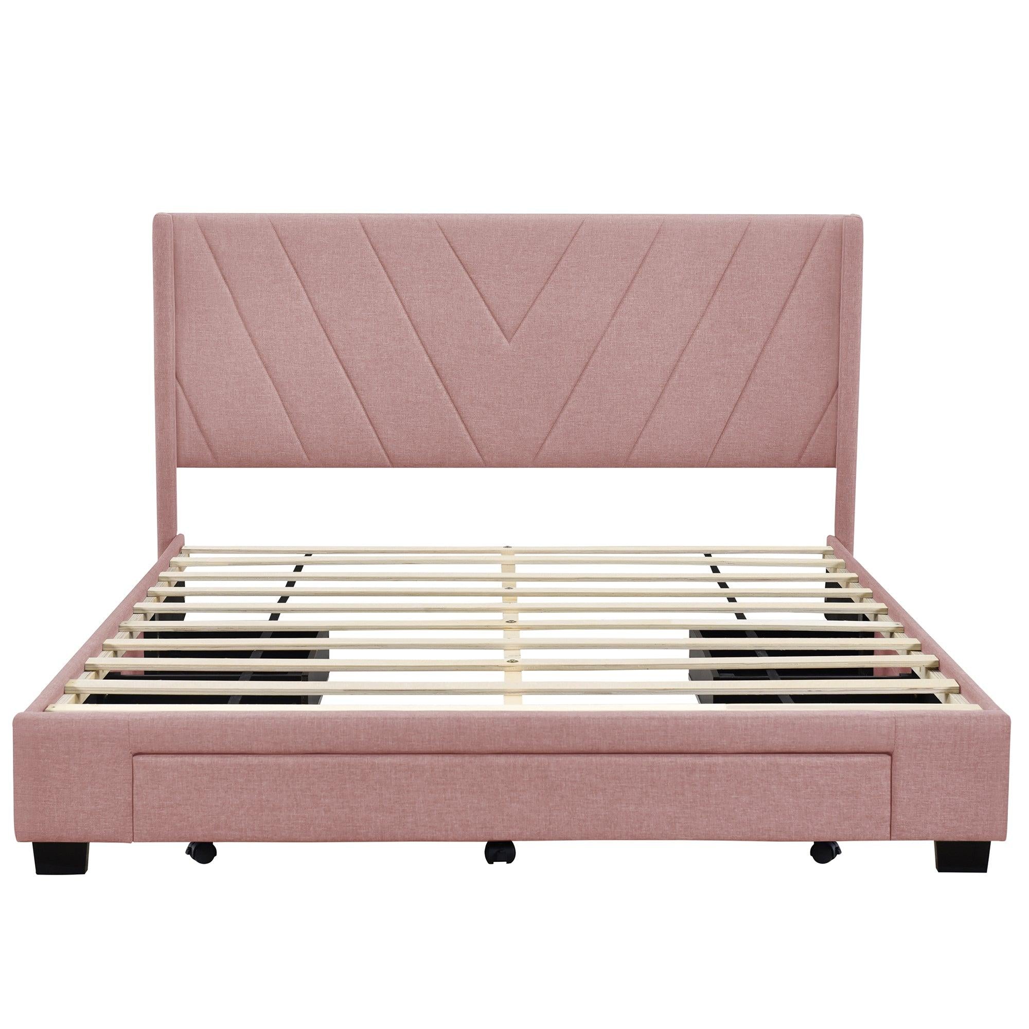 Queen SizeStorage Bed Linen Upholstered Platform Bed with 3 Drawers (Pink)