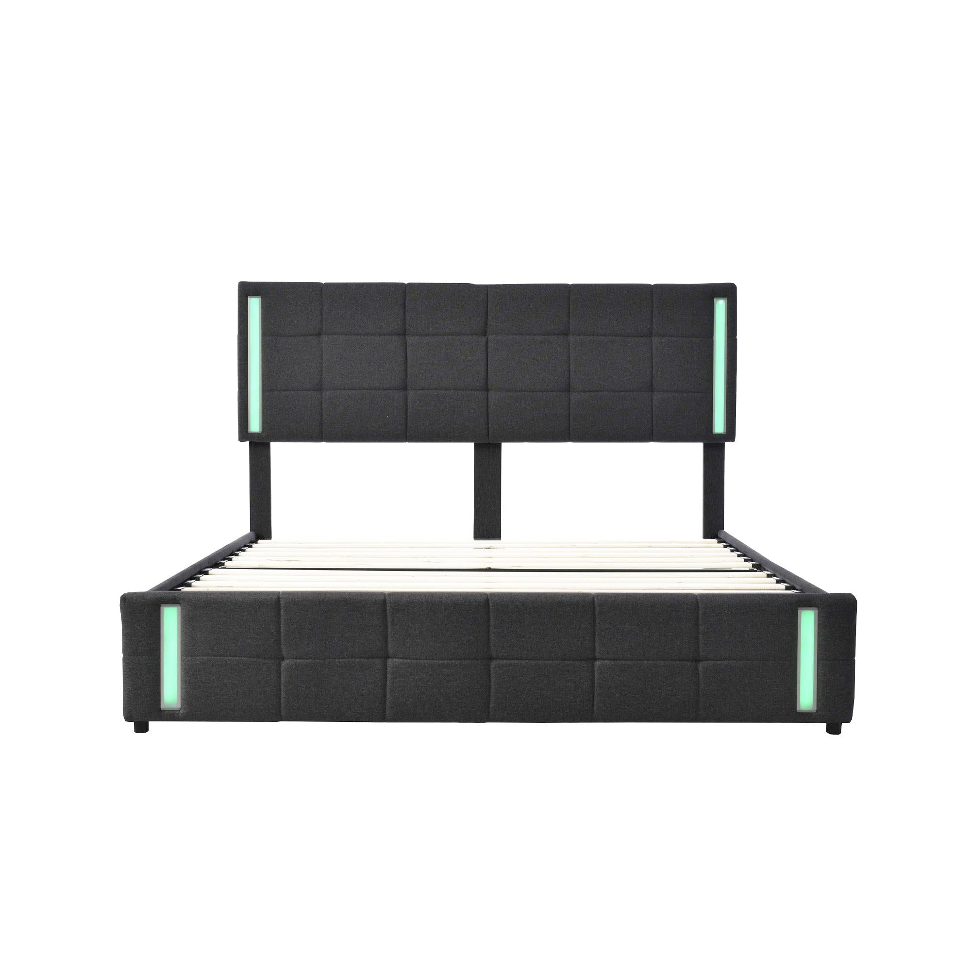 Queen Size Upholstered Platform Bed with LED Lights and USB Charging,Storage Bed with 4 Drawers, Dark Gray