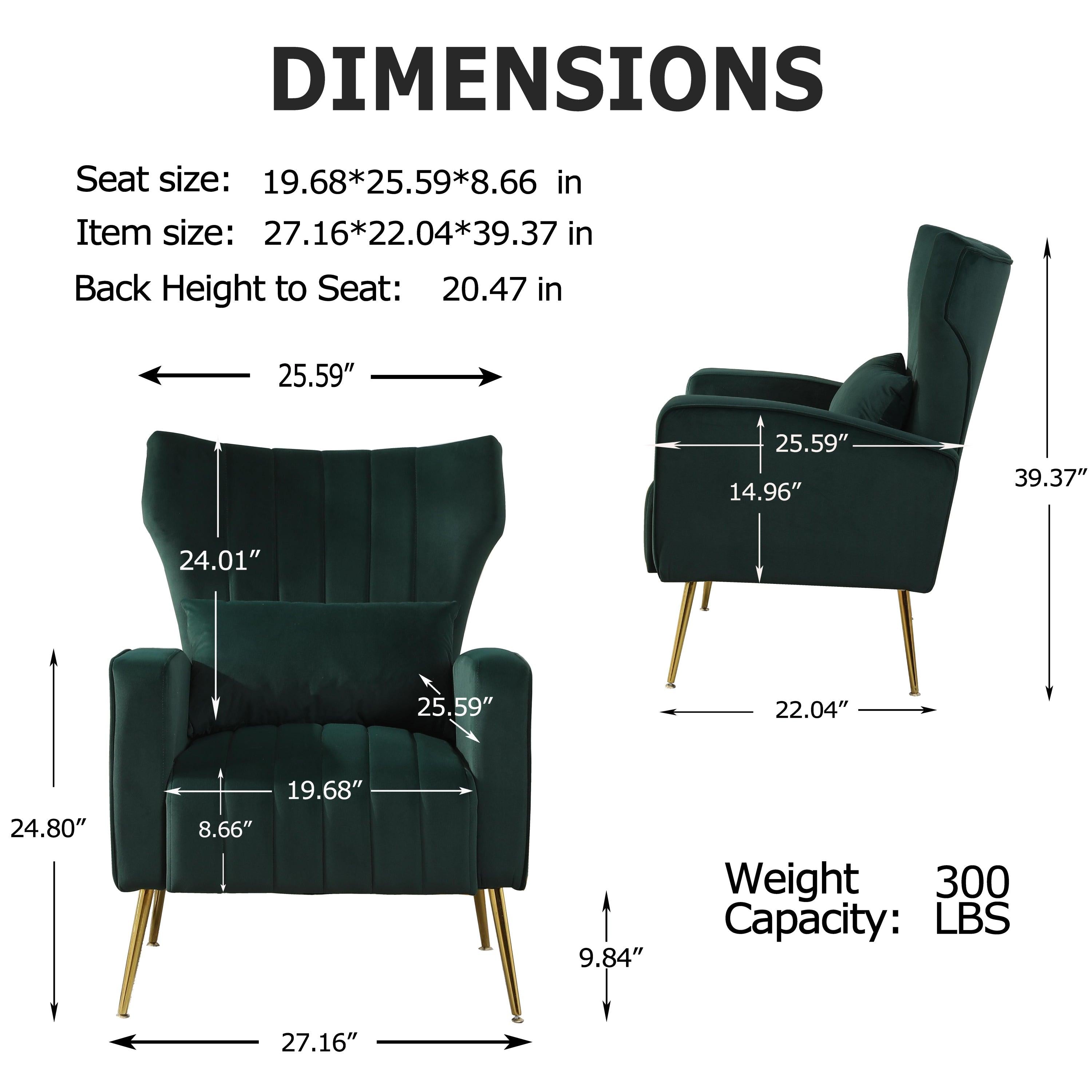 Velvet Accent Chair,Modern Living Room Armchair Comfy Upholstered Single Sofa Chair for Bedroom Dorms Reading Reception Room with Gold Legs & Small Pillow, Dark Green