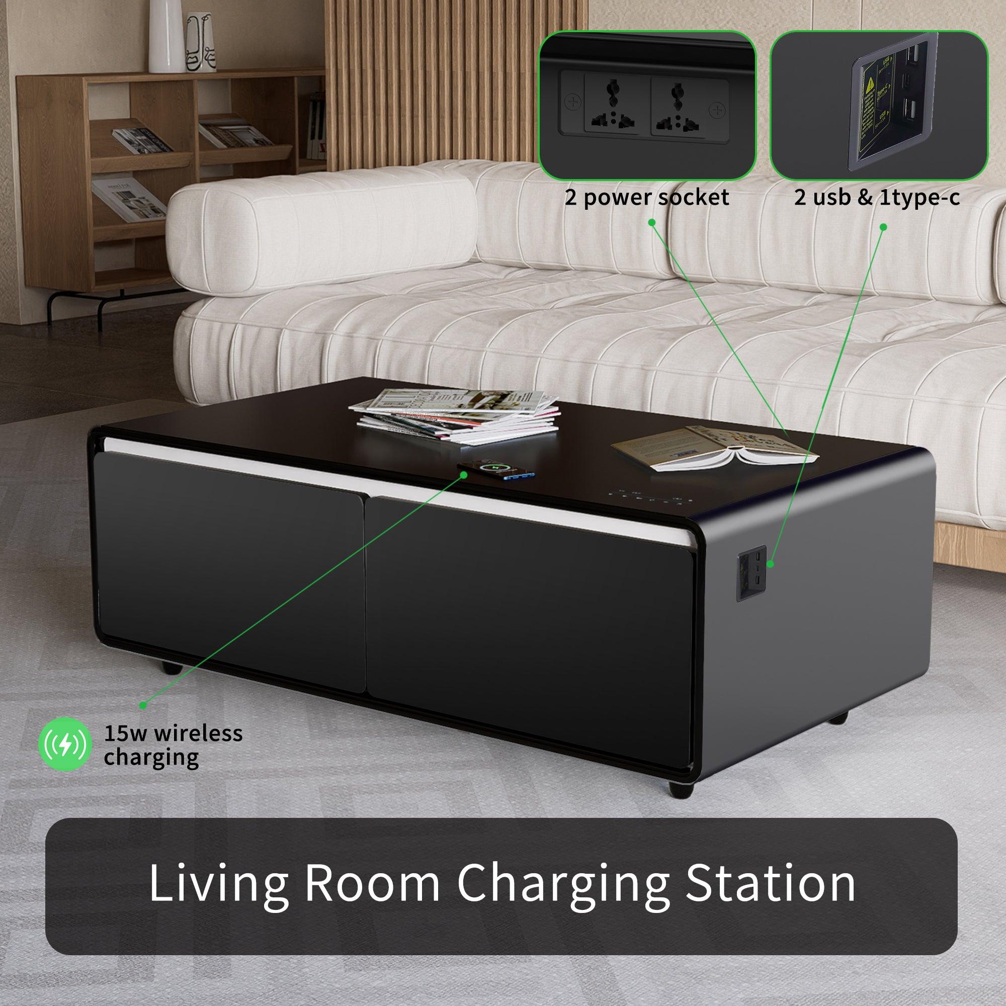 Modern Smart Coffee Table with Built-in Fridge, Bluetooth Speaker, Wireless Charging Module, Touch Control Panel, Power Socket, USB Interface, Outlet Protection, Atmosphere light, and More