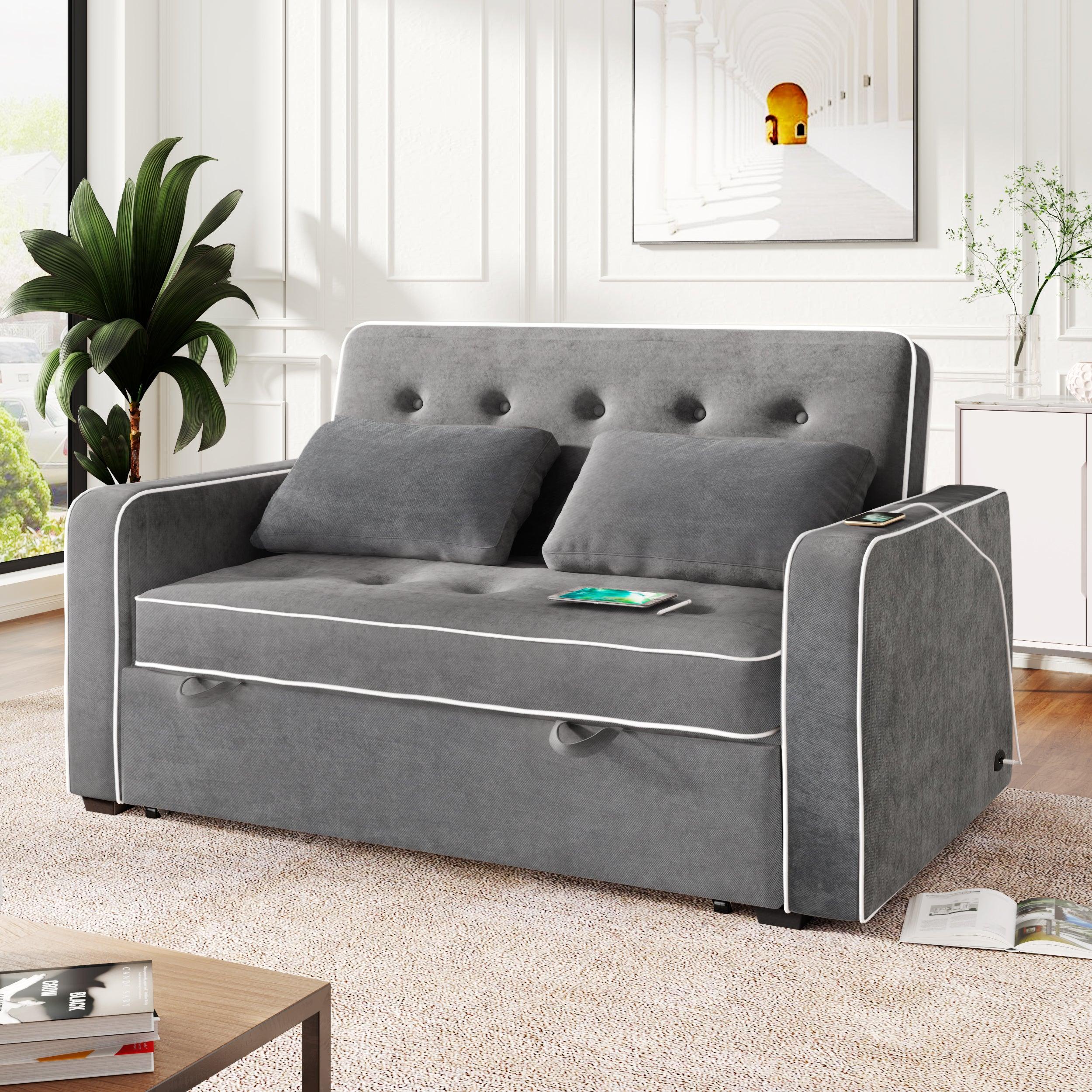 65.7" Linen Upholstered Sleeper Bed , Pull Out Sofa Bed Couch attached two throw pillows,Dual USB Charging Port and Adjustable Backrest for Living Room Space，Charcoal Gray