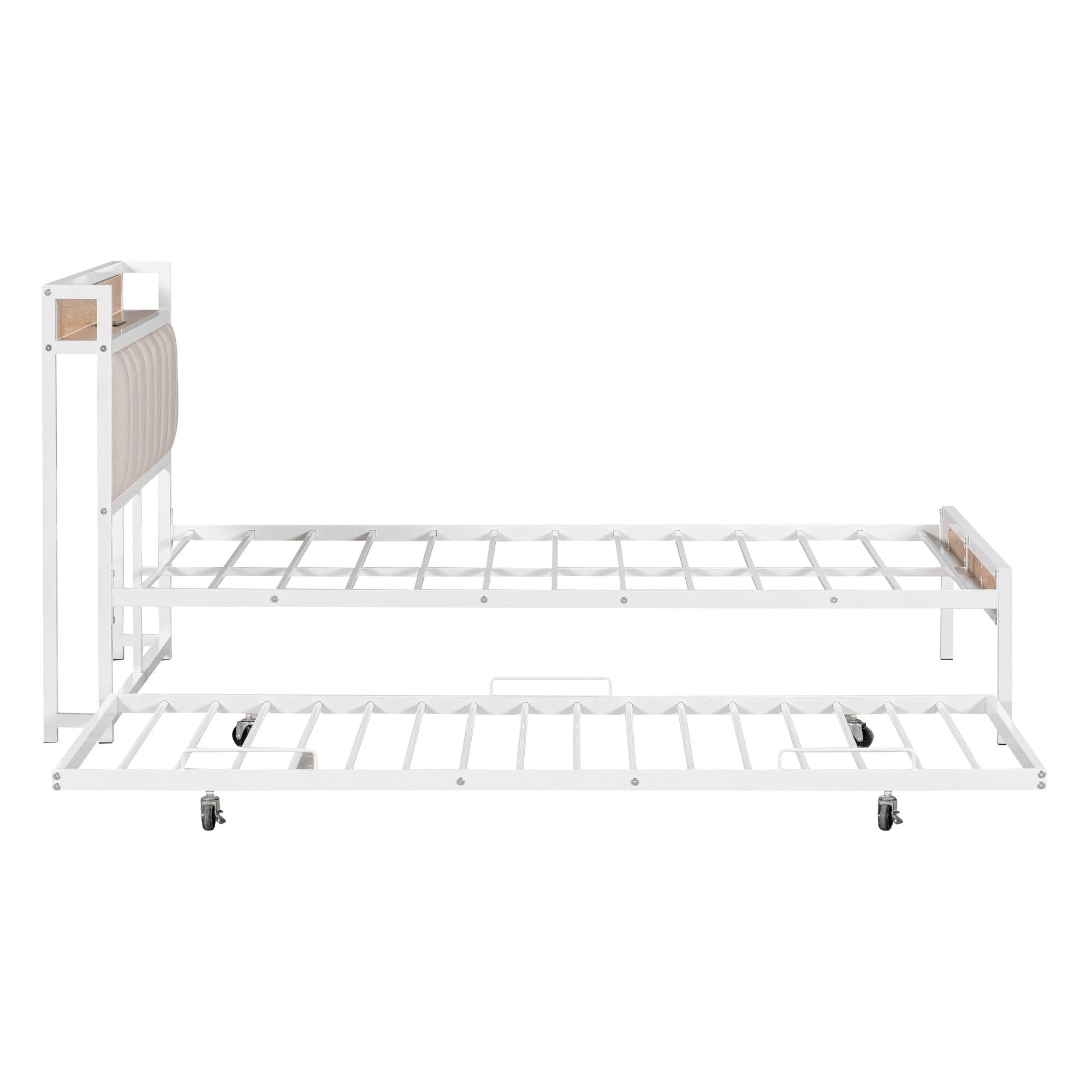 Full Size Metal Platform Bed Frame with Twin size trundle, Upholstered headboard ，Sockets, USB Ports and Slat Support ,No Box Spring Needed，White