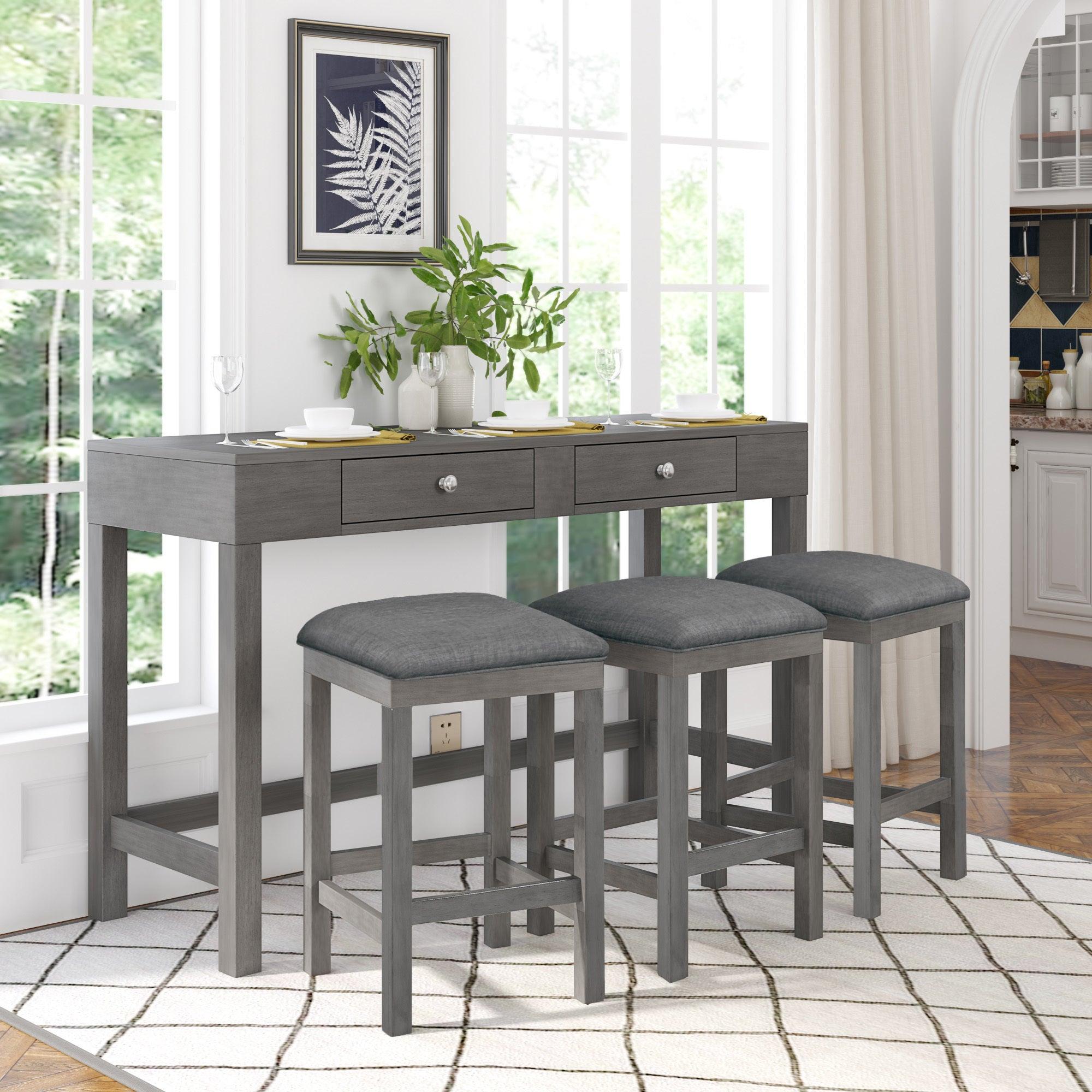 4-Piece Counter Height Table Set with Socket and Fabric Padded Stools, Gray