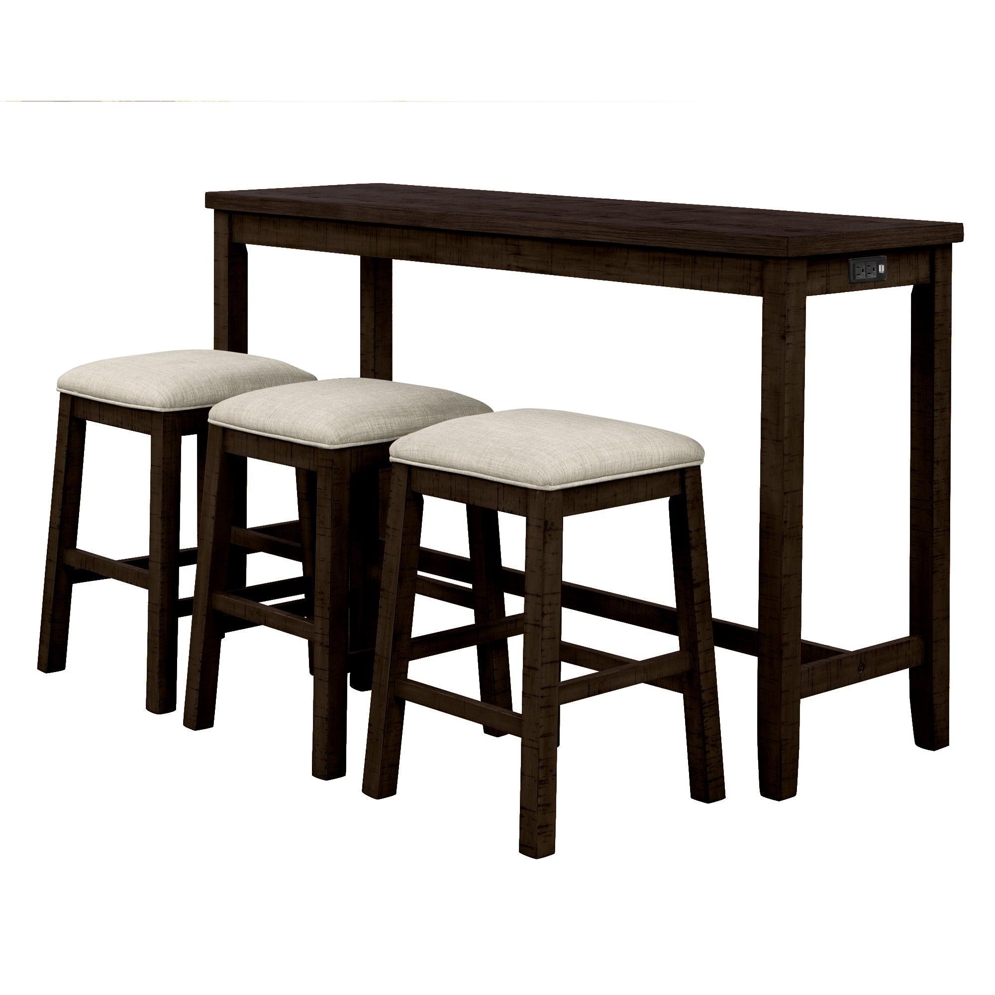 4 Pieces Counter Height Table with Fabric Padded Stools, Rustic Bar Dining Set with Socket, Brown