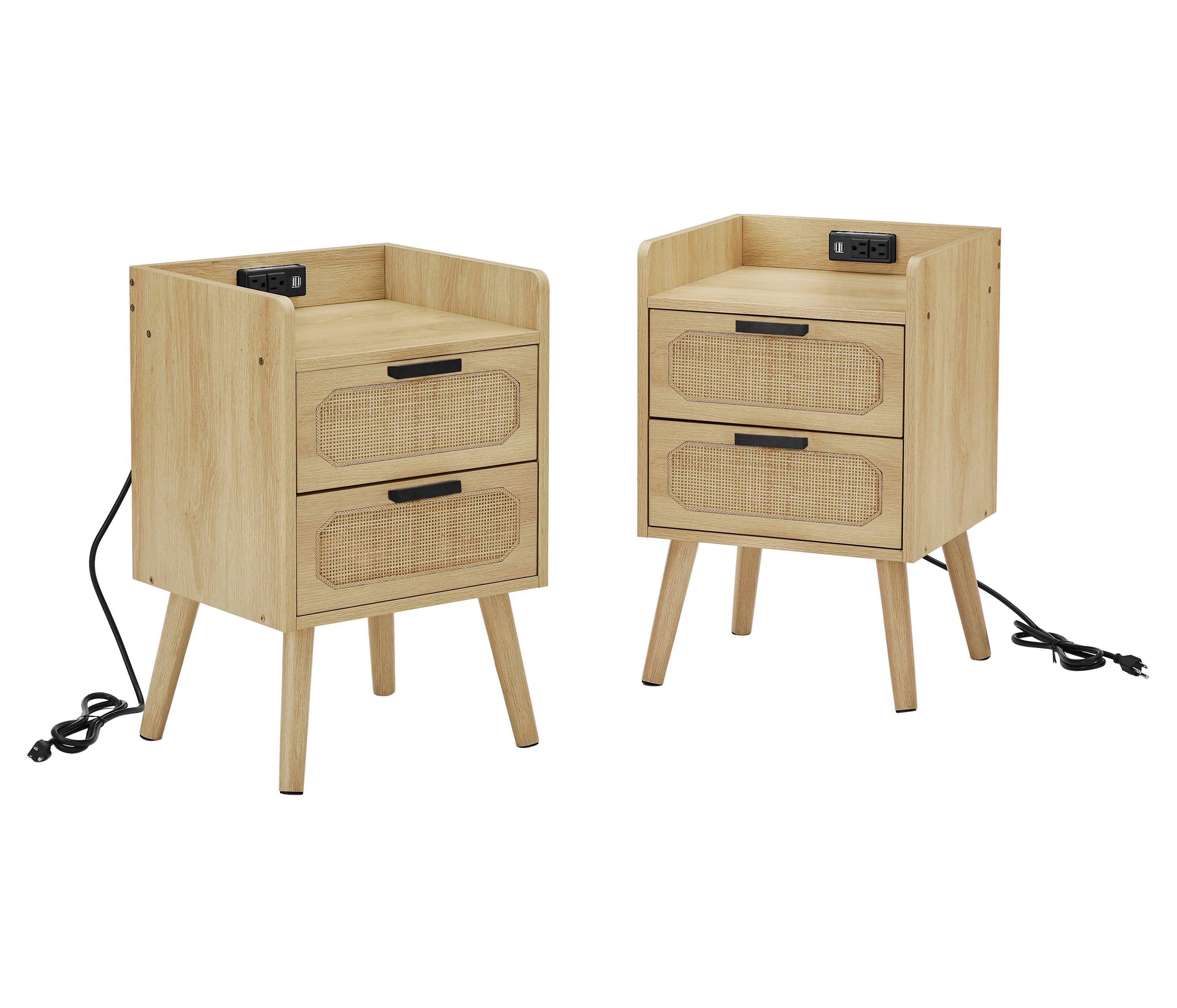 Rattan nightstand with socket side table natural handmade rattan（Natural 15.55’’W*13.78’’D*23.82’’H）