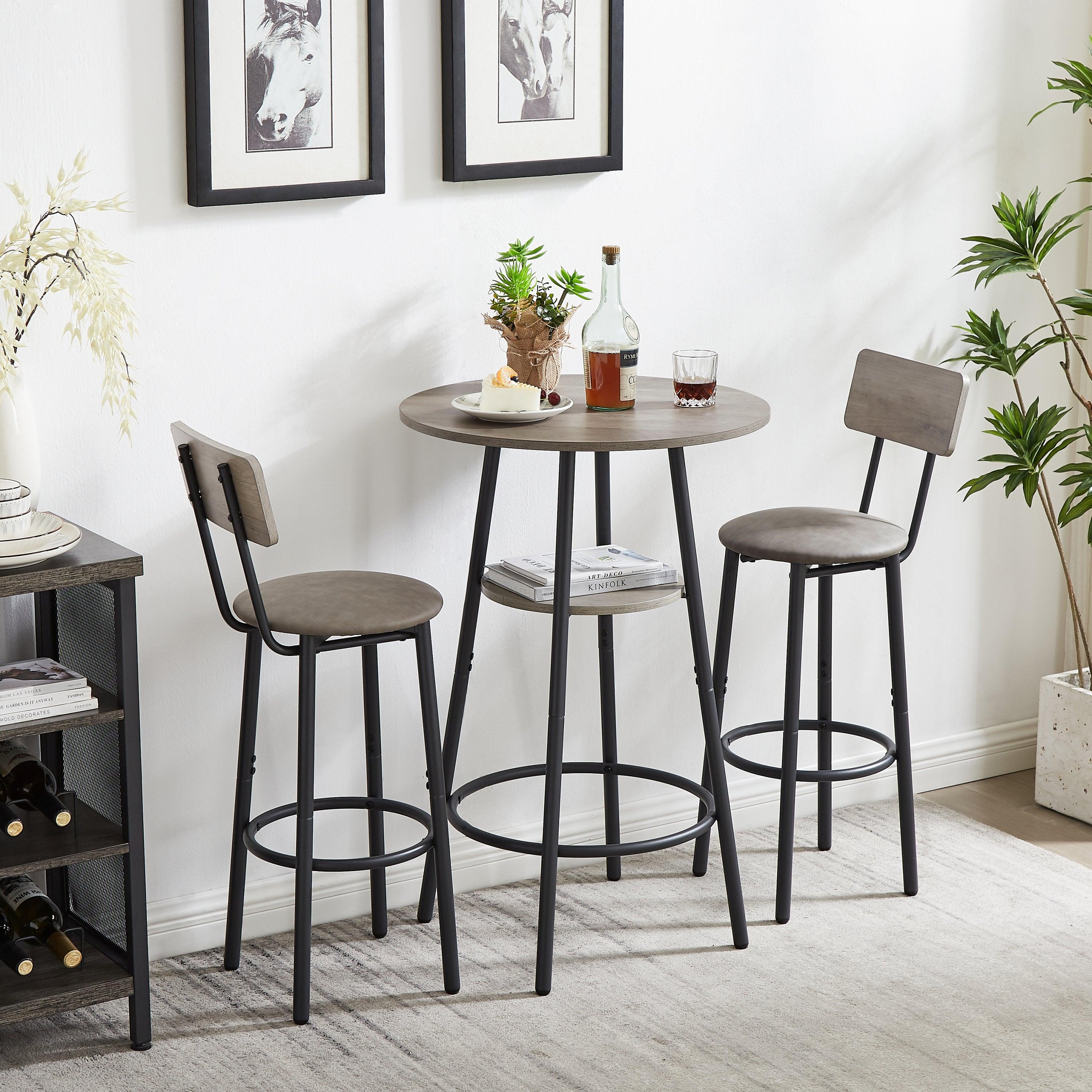 Bar Table Set with 2 Bar stools PU Soft seat with backrest (Grey,23.62’’L*23.62’’W*35.43’’H)