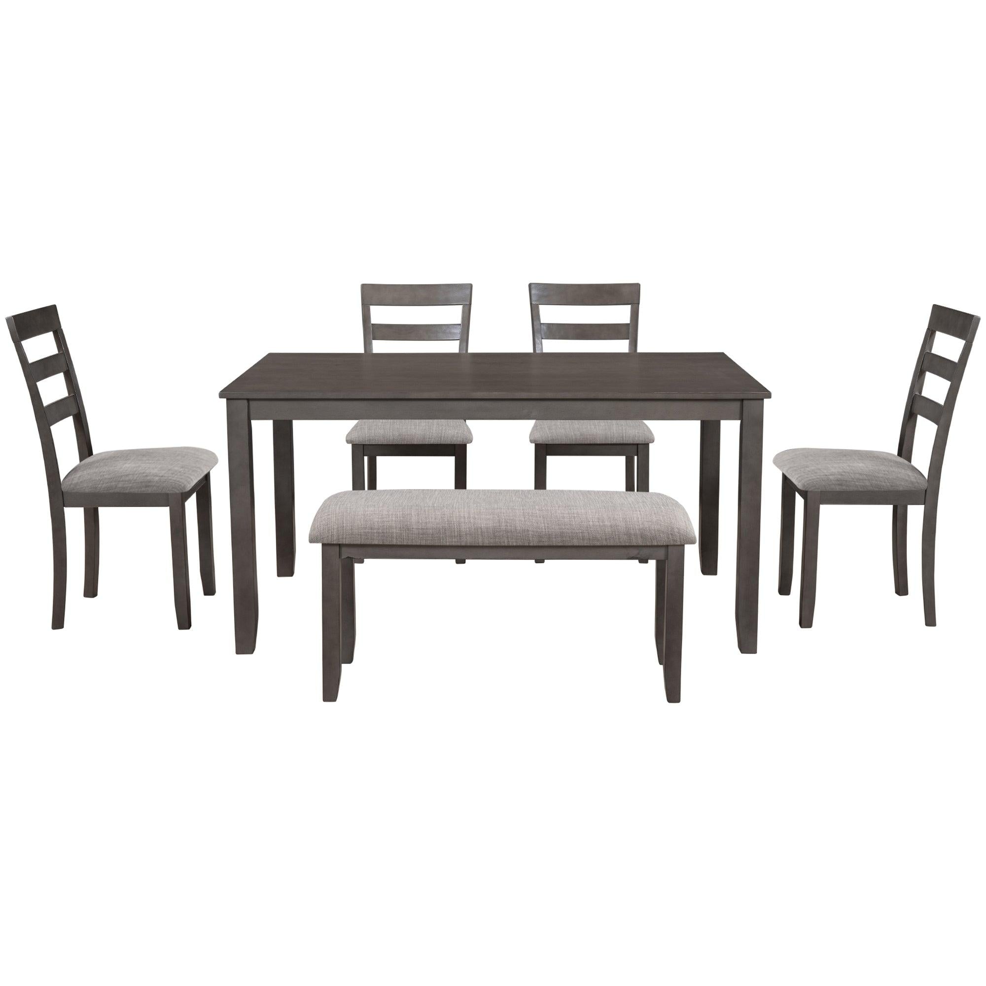 6-Piece Kitchen Simple Wooden Dining Table and Chair with Bench, Fabric Cushion (Gray)