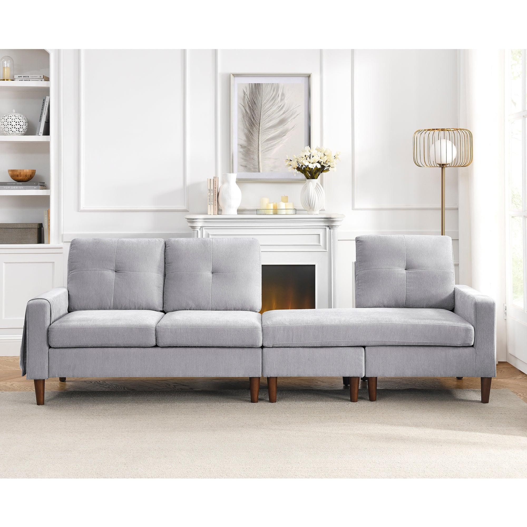 80” Convertible Sectional Sofa Couch, 3 Seats L-shape Sofa with Removable Cushions and Pocket, Rubber Wood Legs, Light Grey Chenille