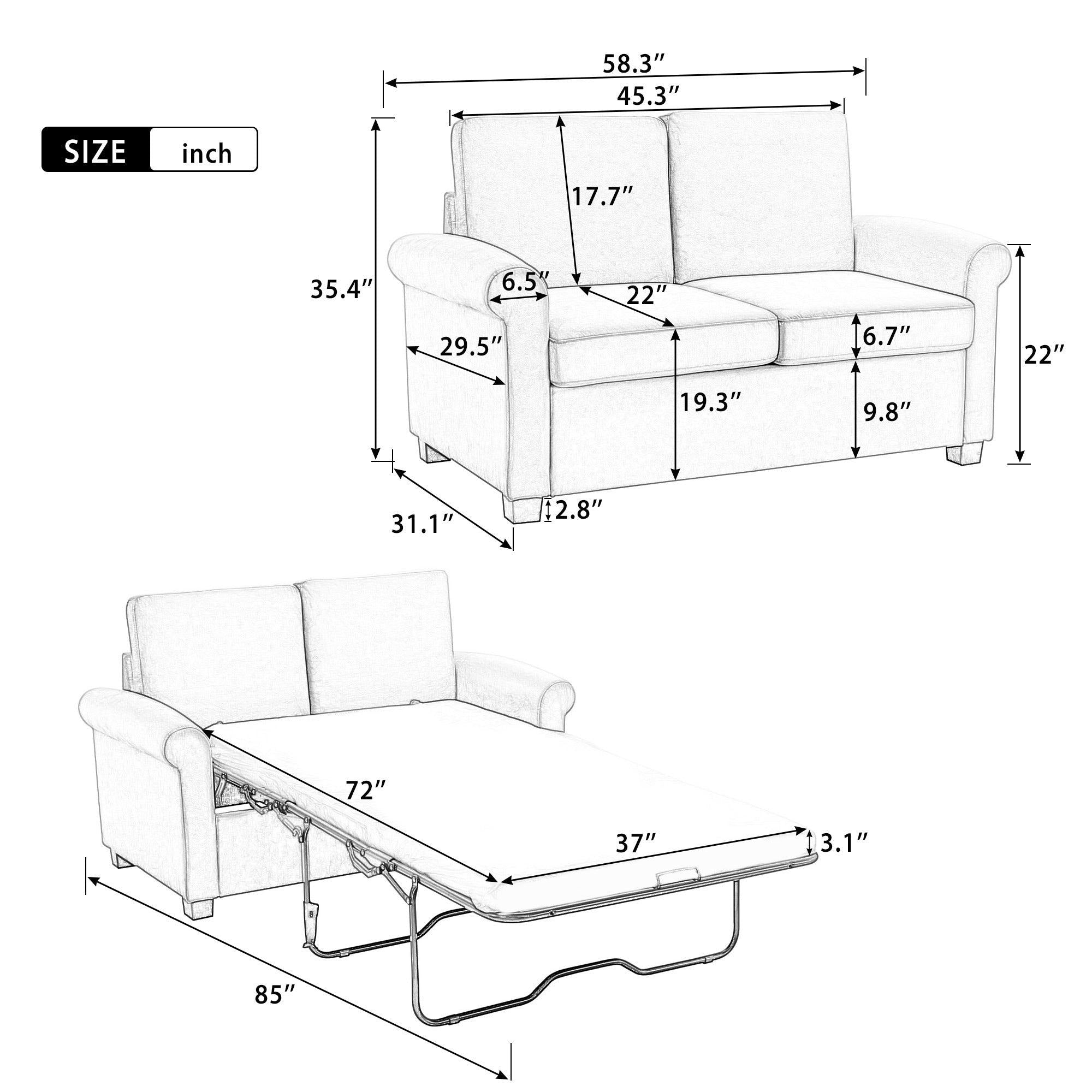 58.3" Pull Out Sofa Bed,Sleeper Sofa Bed with Premium Twin Size Mattress Pad,2-in-1 Pull Out Couch Bed,Loveseat Sleeper for Living Room,Small Apartment, Beige White