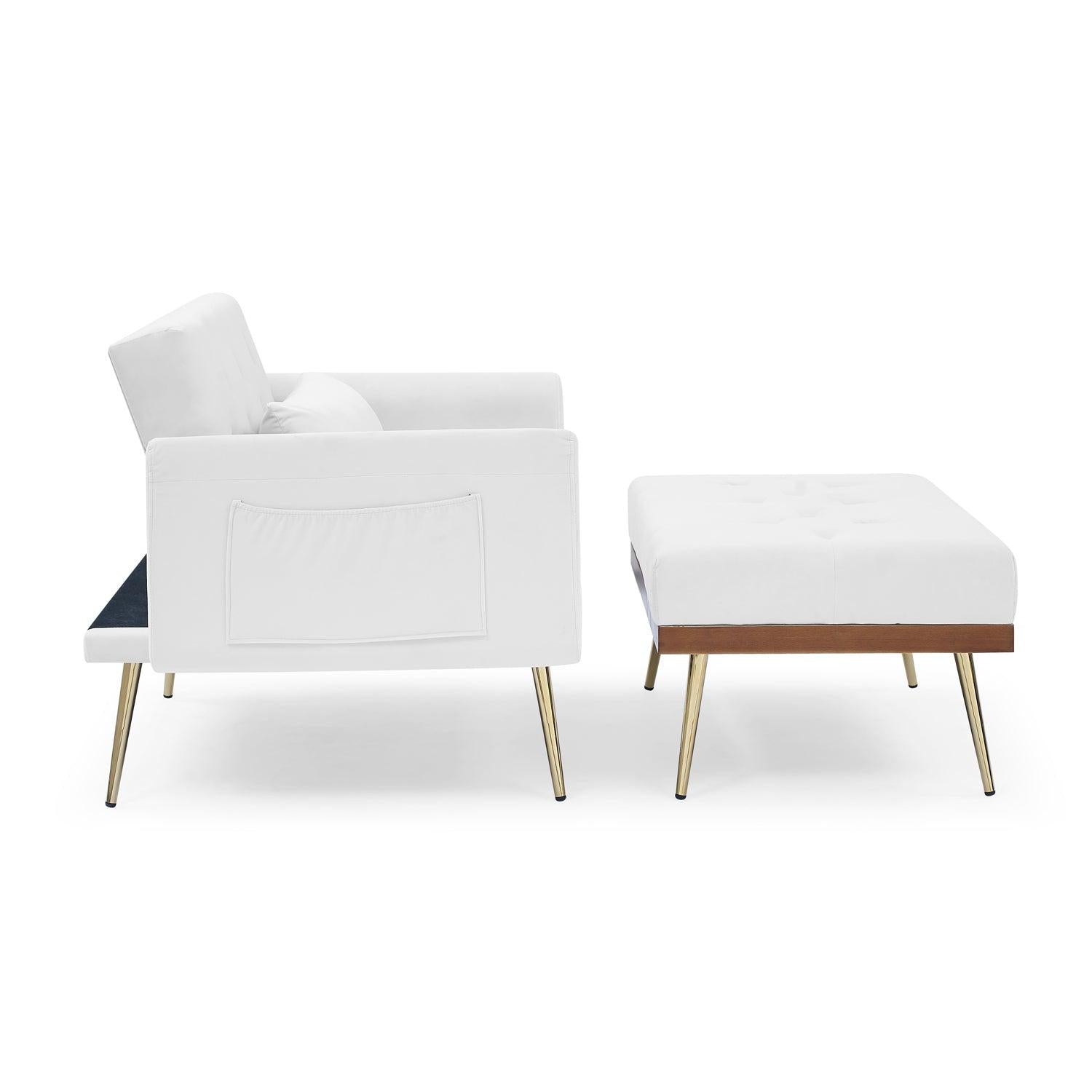 Recline Sofa Chair with Ottoman, Two Arm Pocket and Wood Frame include 1 Pillow, White (40.5”x33”x32”)