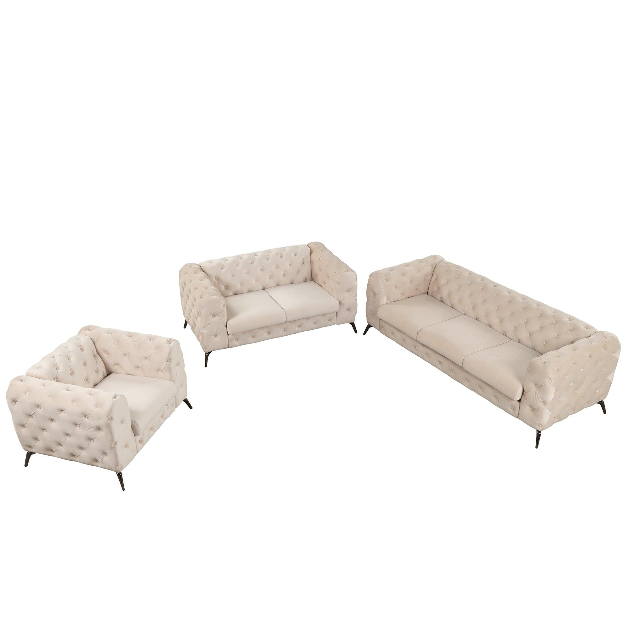 Modern 3-Piece Sofa Sets with Sturdy Metal Legs,Velvet Upholstered Couches Sets Including Three Seat Sofa, Loveseat and Single Chair for Living Room Furniture Set,Beige