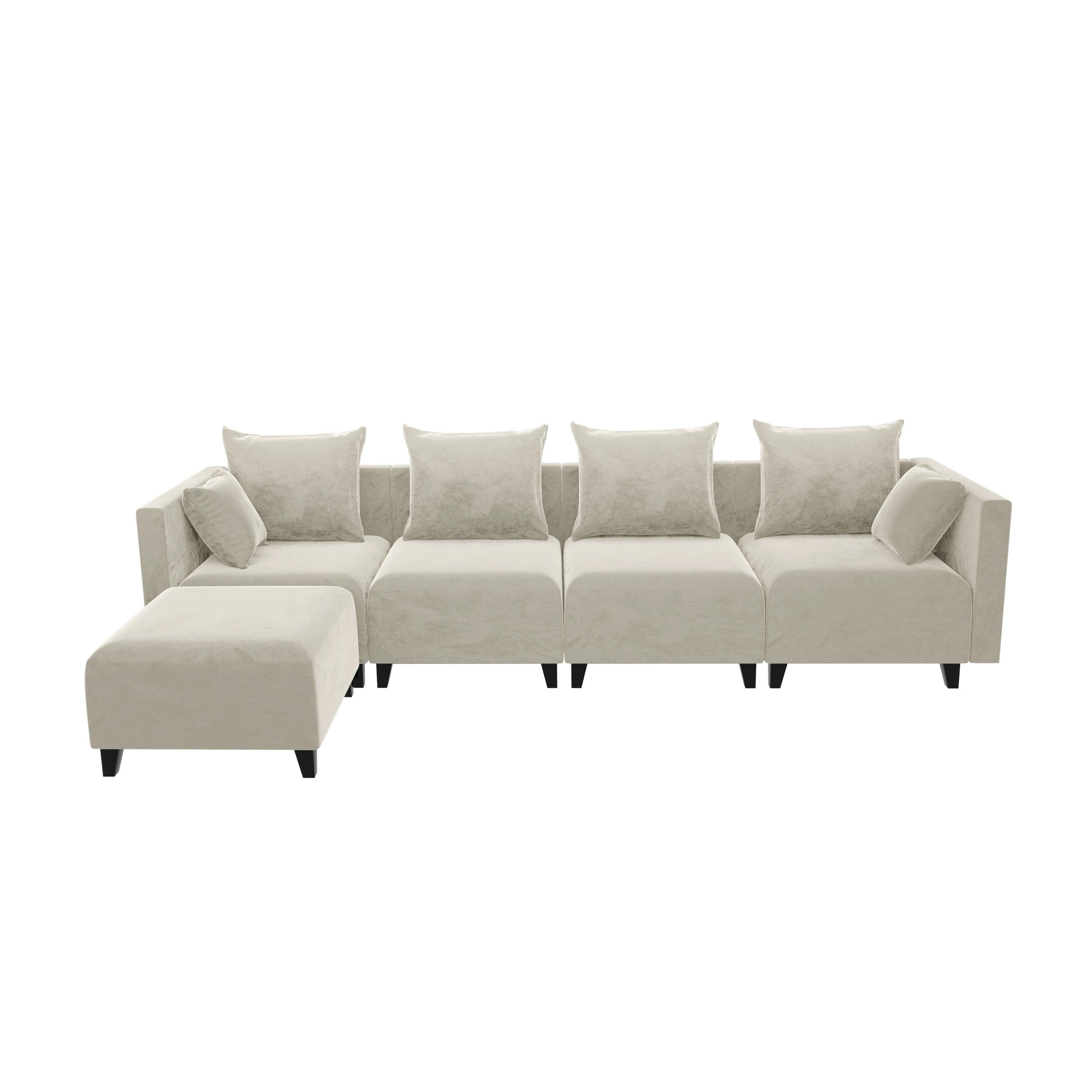 Sectional Sofa L shape Velvet Square Arm Sofa with 6 Pillows for Living Room, Beige with Black Foot image