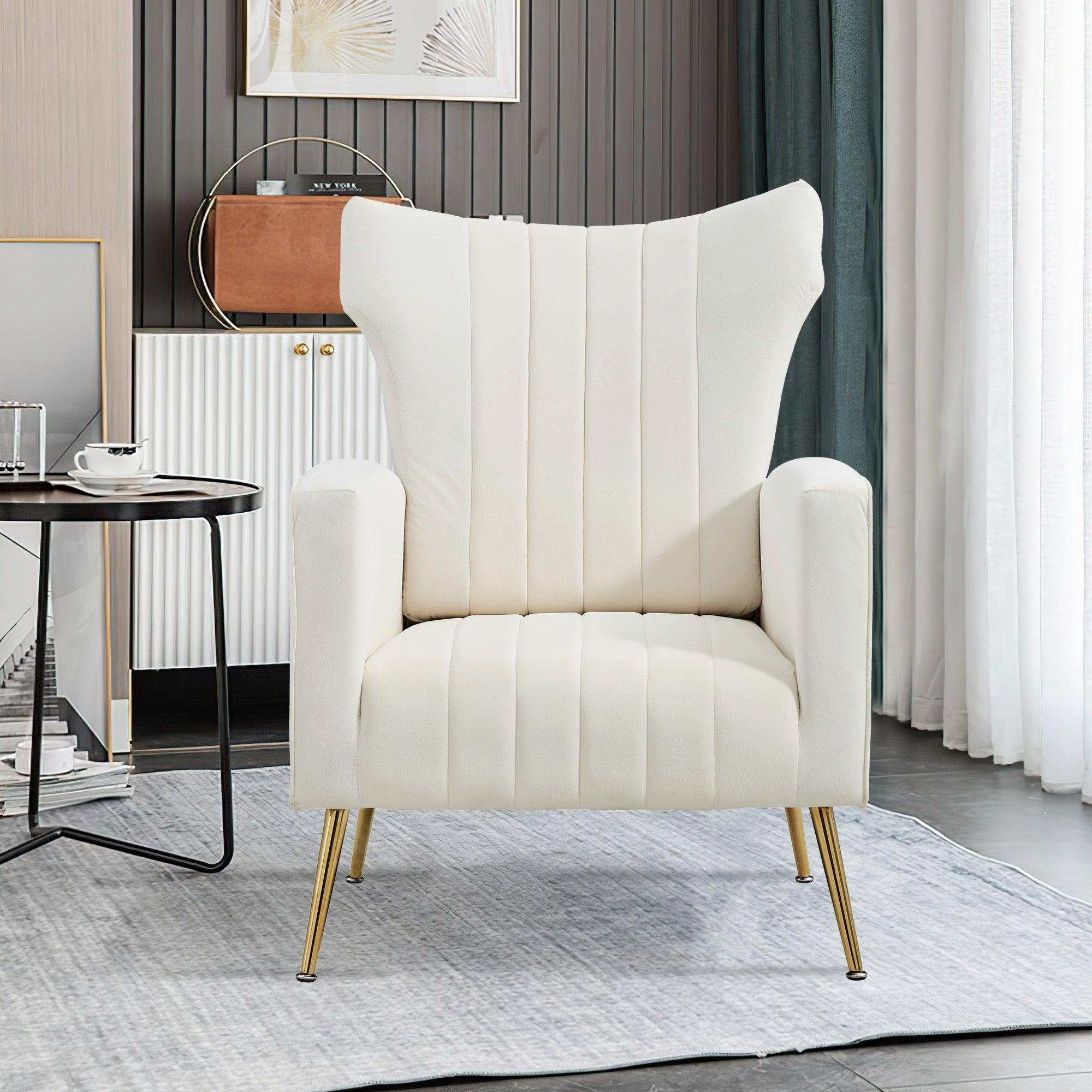 Modern Velvet Accent Chair with Arms, Wingback Reading Chair with Gold Metal Legs, Comfy Upholstered Single Leisure Sofa for Living Room Bedroom Club(Velvet+White)