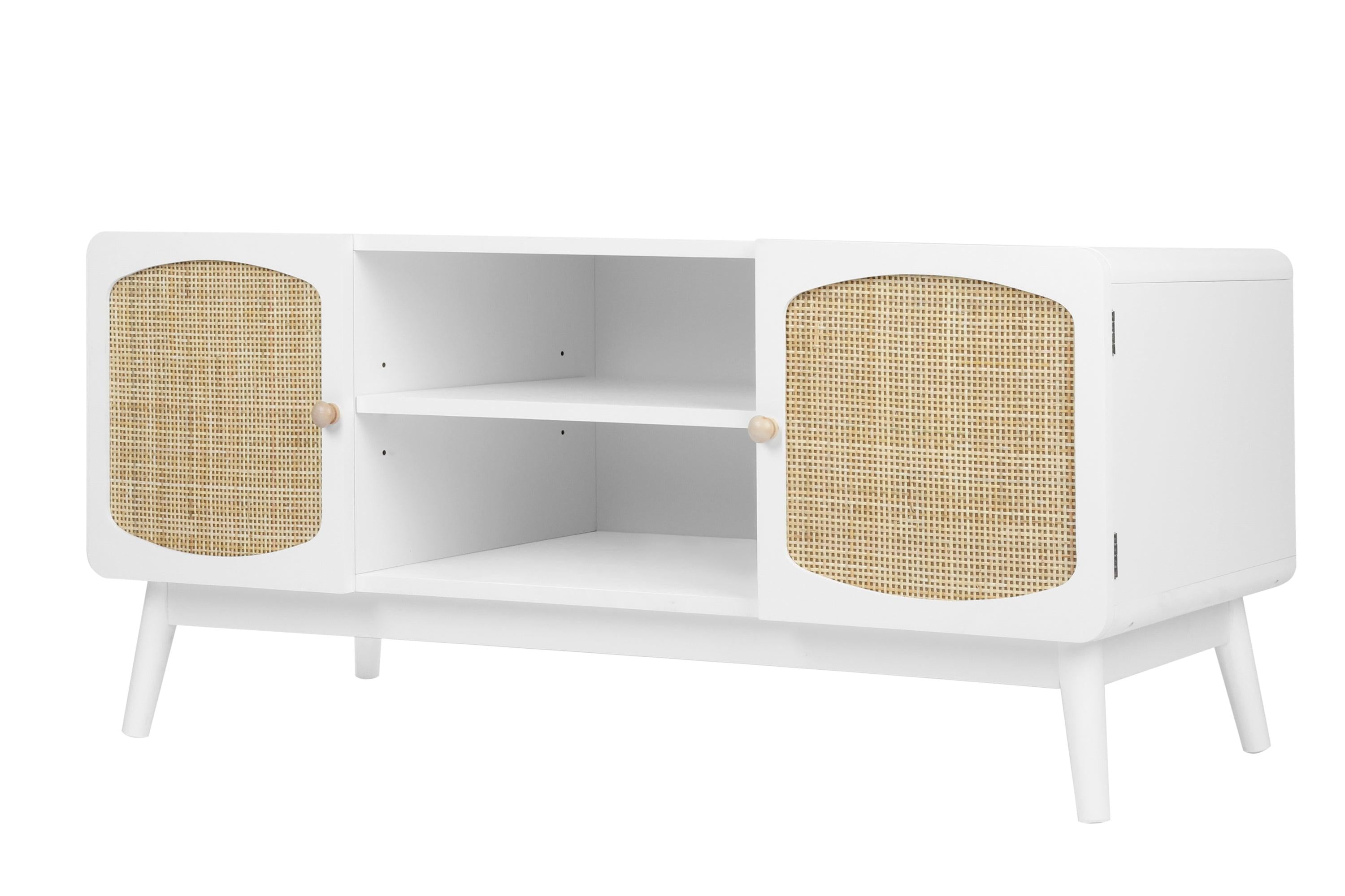 White TV Console with Rattan Door, Boho TV Stand for Bedroom, Living Room