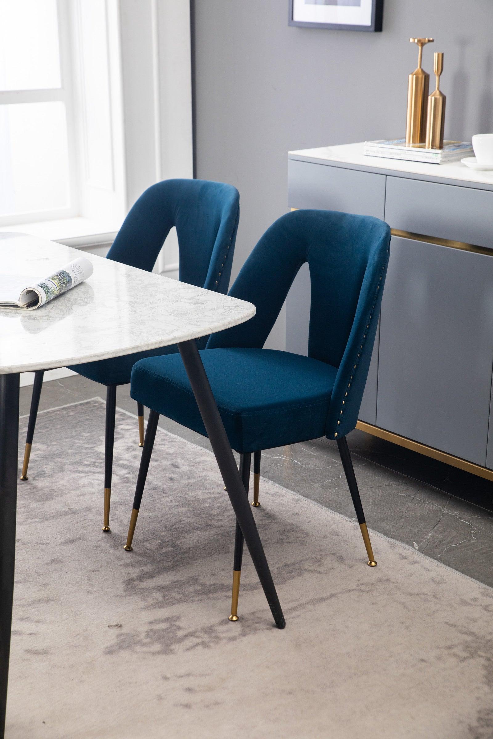 Akoya CollectionModern | Contemporary Velvet Upholstered Dining Chair with Nailheads and Gold Tipped Black Metal Legs,Blue,Set of 2