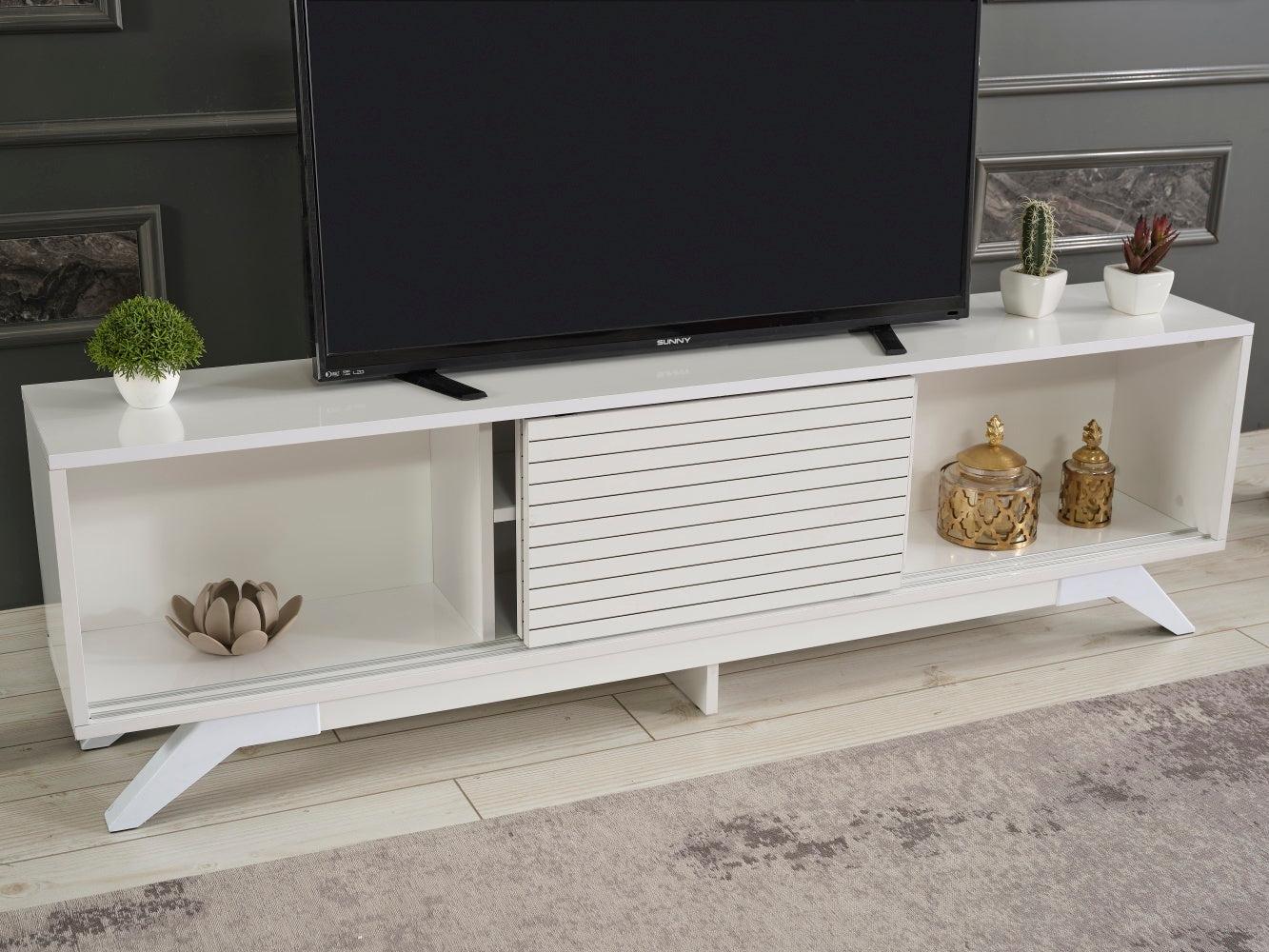 Luxia Mid CenturyModern Tv Stand 2 Sliding Door Cabinet 2 Shelves 67 inch Tv Uni, White