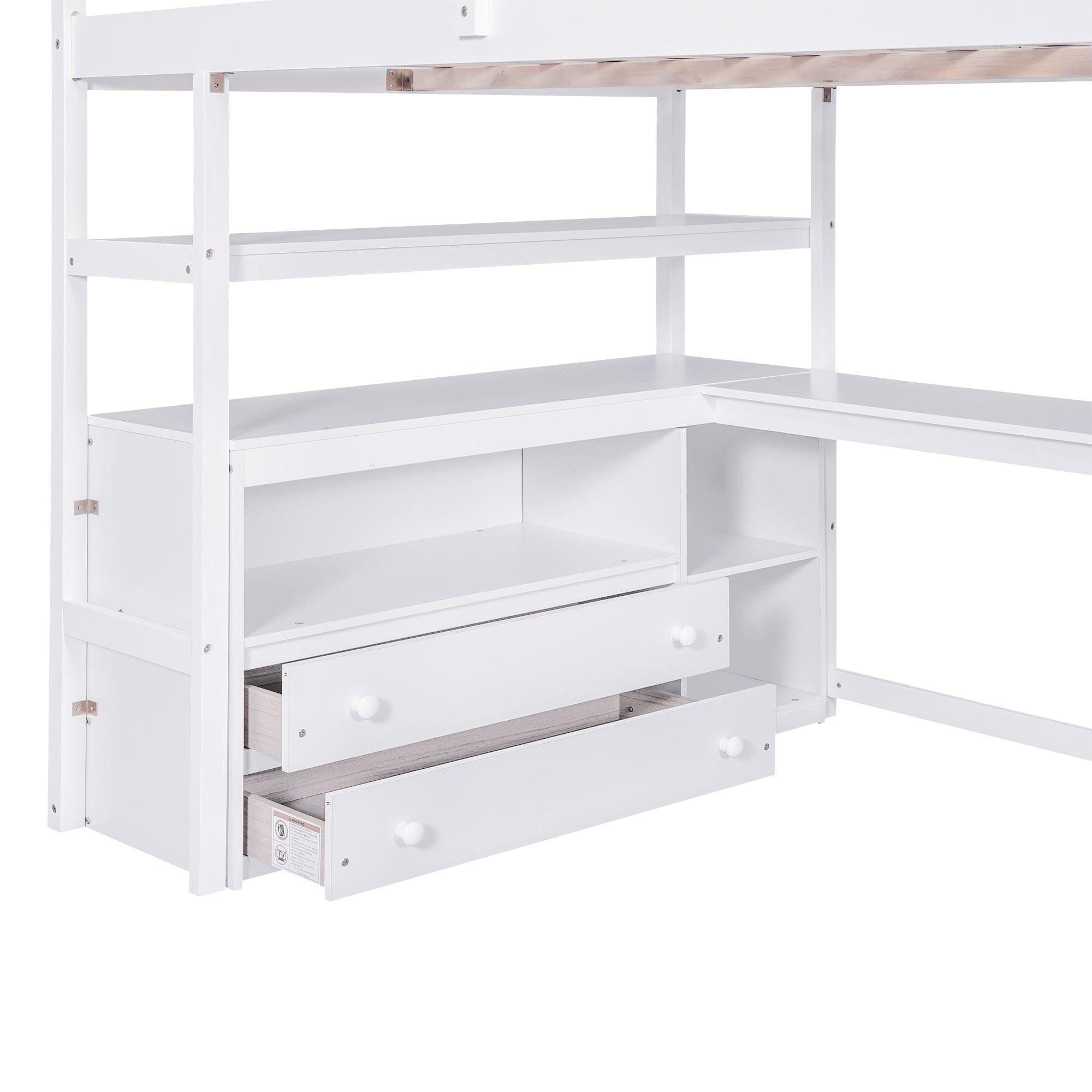 Full Size Loft Bed with Desk and Shelves, Two Built-in Drawers,Storage Staircase, White