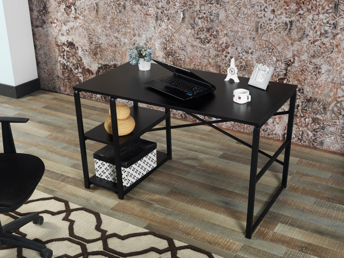 Furnish Home Store Sage Black Metal Frame 47" Wooden Top 2 Shelves Writing and Computer Desk for Home Office, Black image