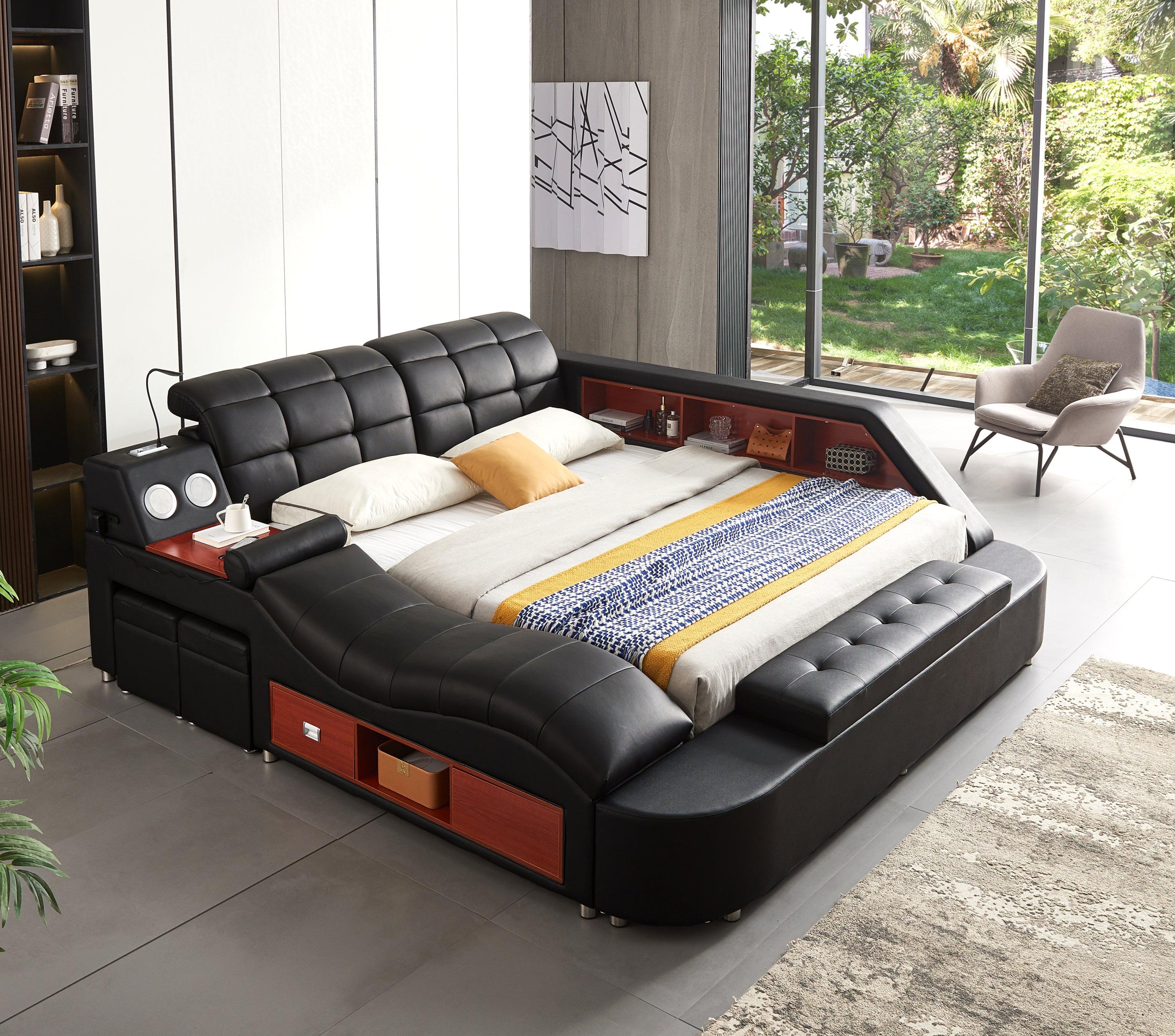 Multifunctional UpholsteredStorage Bed Frame, Massage Chaise Lounge on Left, Queen Size, Black image