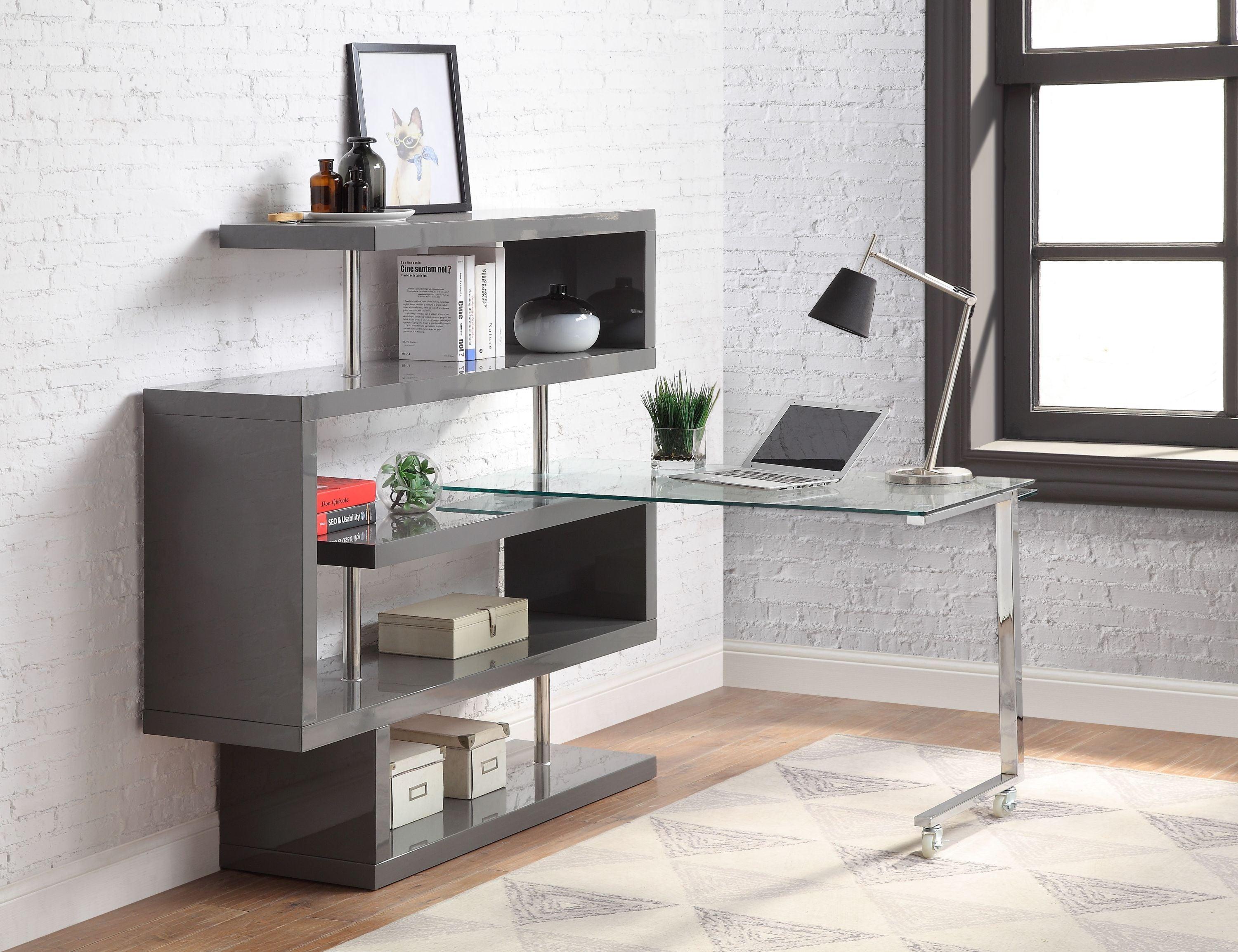 ACME Raceloma Writing Desk w/Shelf, Clear Glass, Gray & Chrome Finish 93181 image