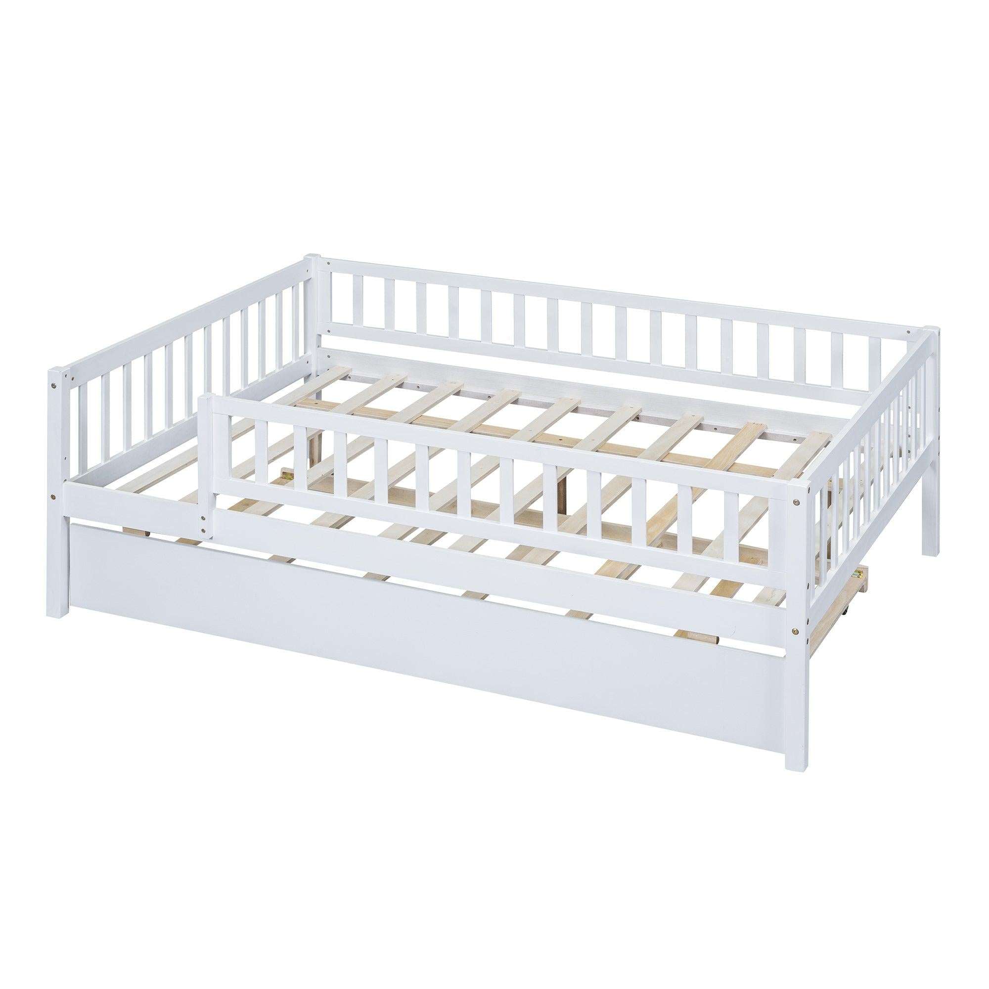 Full Size Wood Daybed with Trundle and Fence Guardrails, White