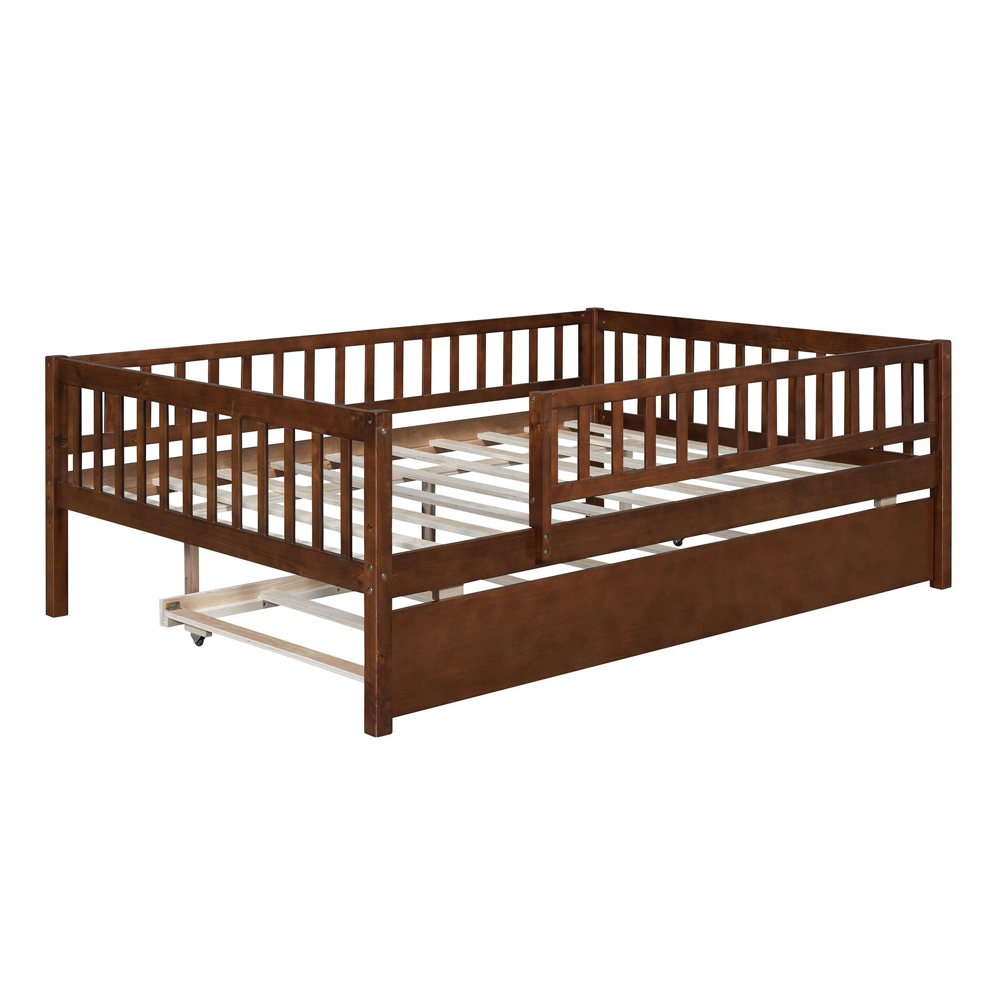 Full Size Wood Daybed with Trundle and Fence Guardrails, Walnut