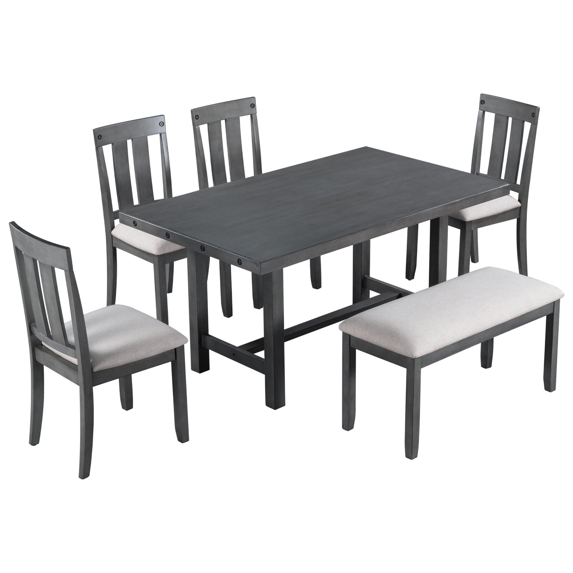 Rustic Farmhouse 6-Piece Wooden Rustic Style Dining Set, Including Table, 4 Chairs & Bench (Gray)