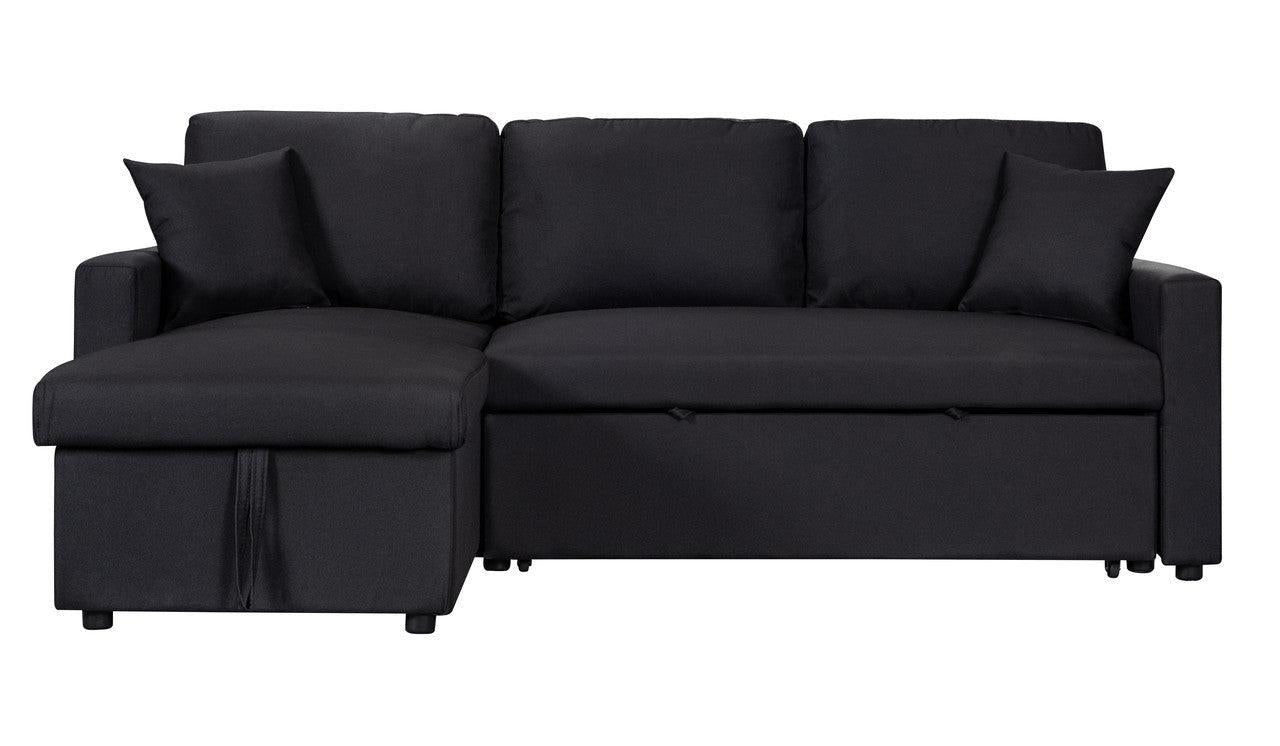 Paisley Black Linen Fabric Reversible Sleeper Sectional Sofa withStorage Chaise