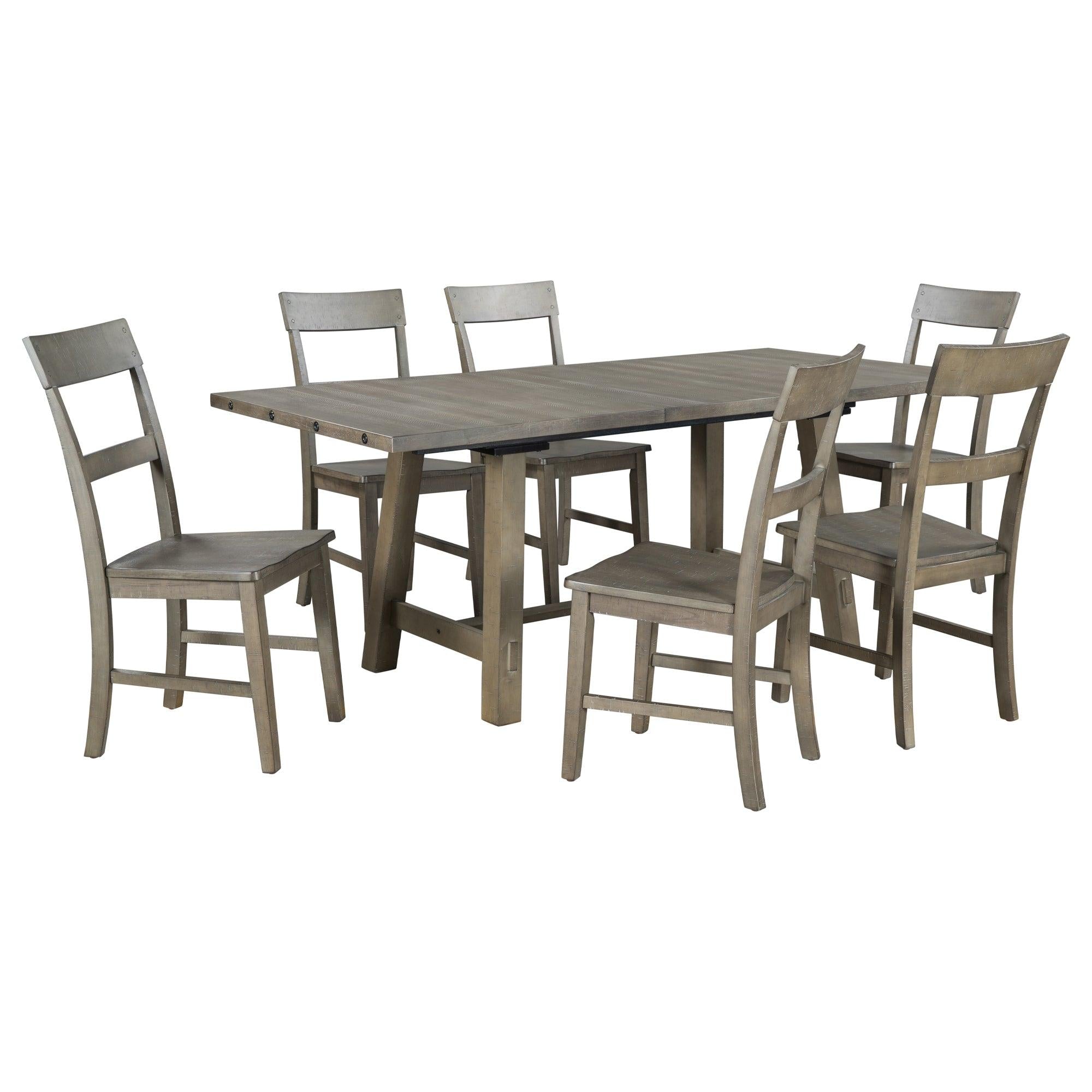 Retro Industrial Style 7-Piece Dining Table Set Extendable Table with 18” Leaf and Six Wood Chairs 
(Gray)