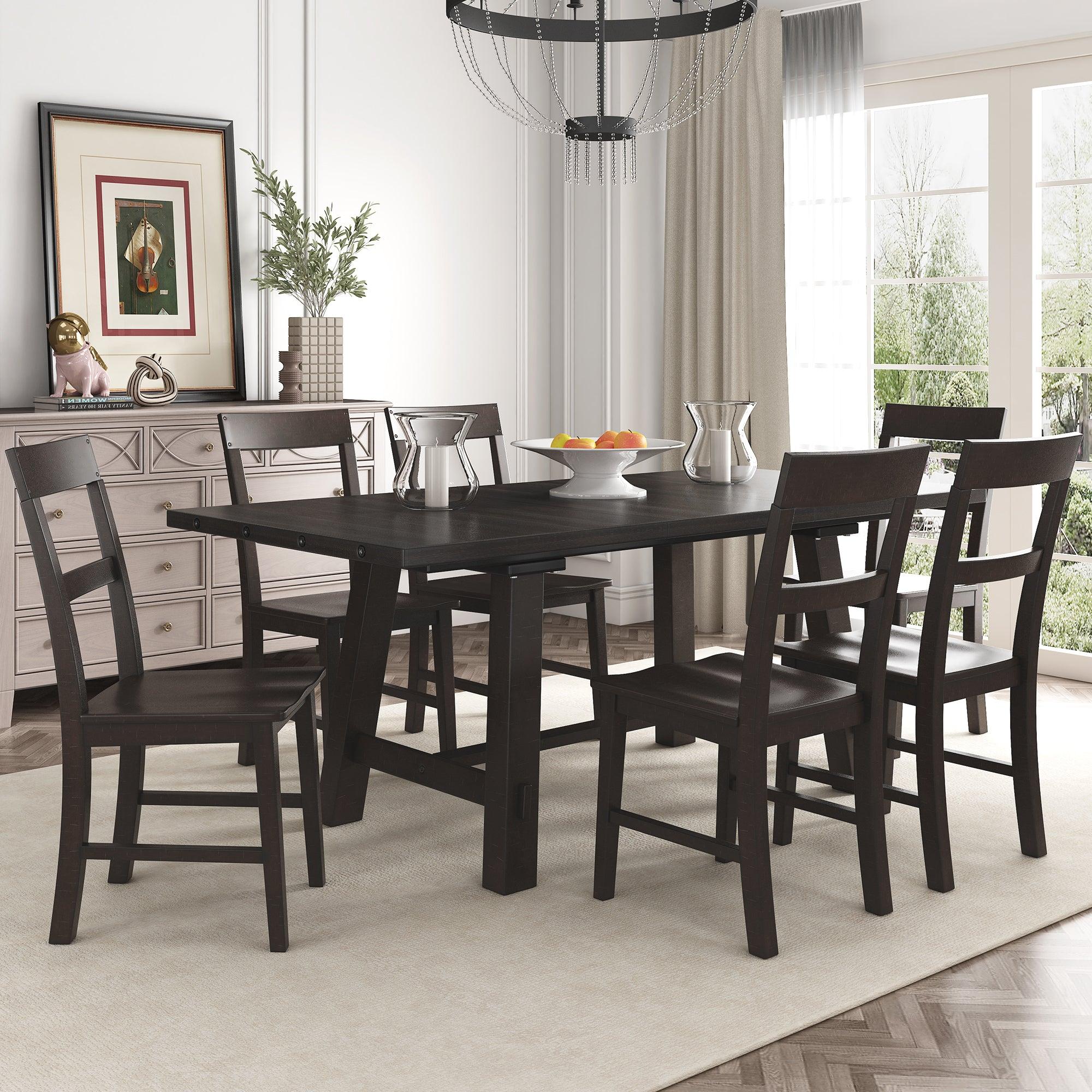 Retro Industrial Style 7-Piece Dining Table Set Extendable Table with 18” Leaf and Six Wood Chairs 
(Espresso) image