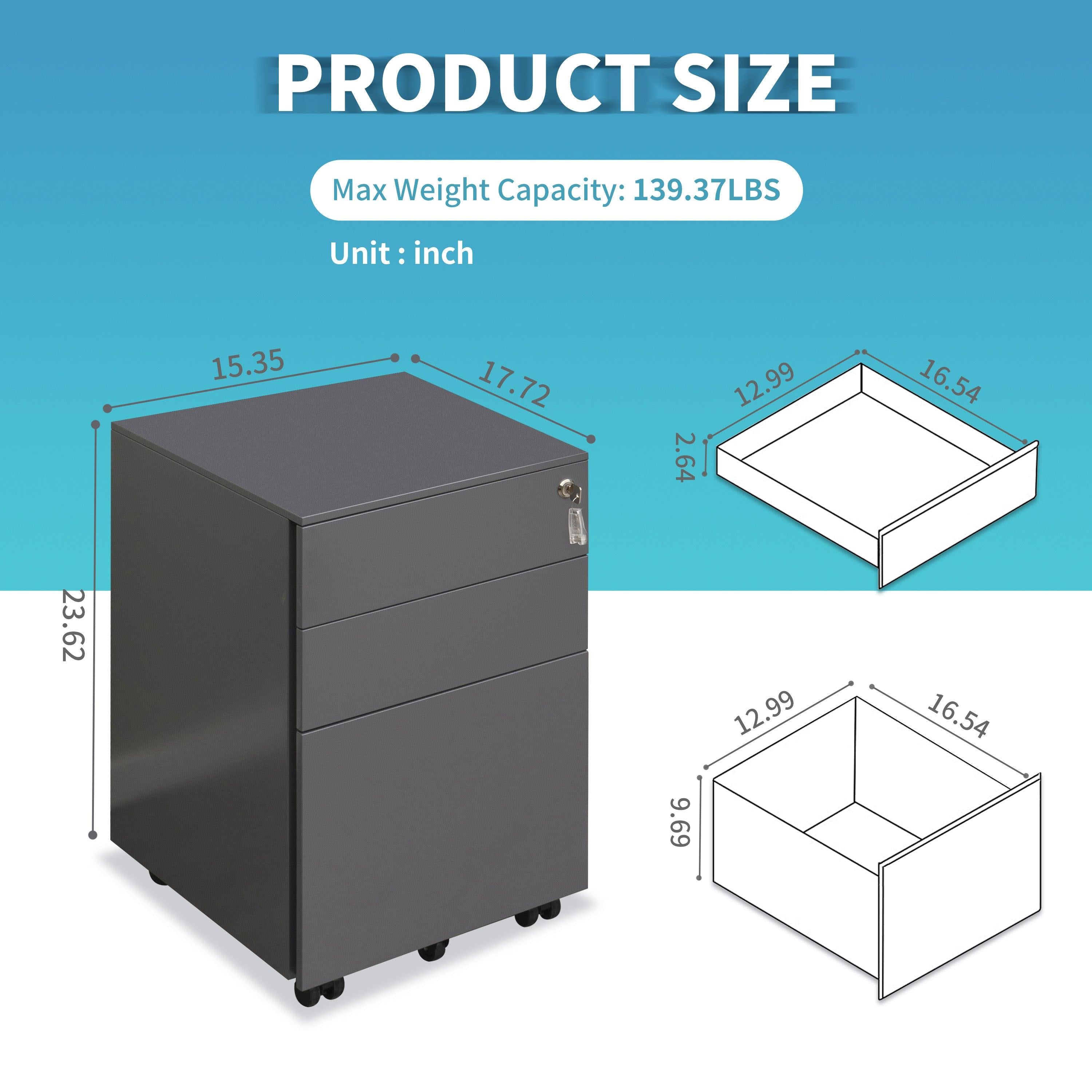 3 Drawer Mobile File Cabinet with Lock Steel File Cabinet for Legal/Letter/A4/F4 Size, Fully Assembled Include Wheels, Home/ Office Design