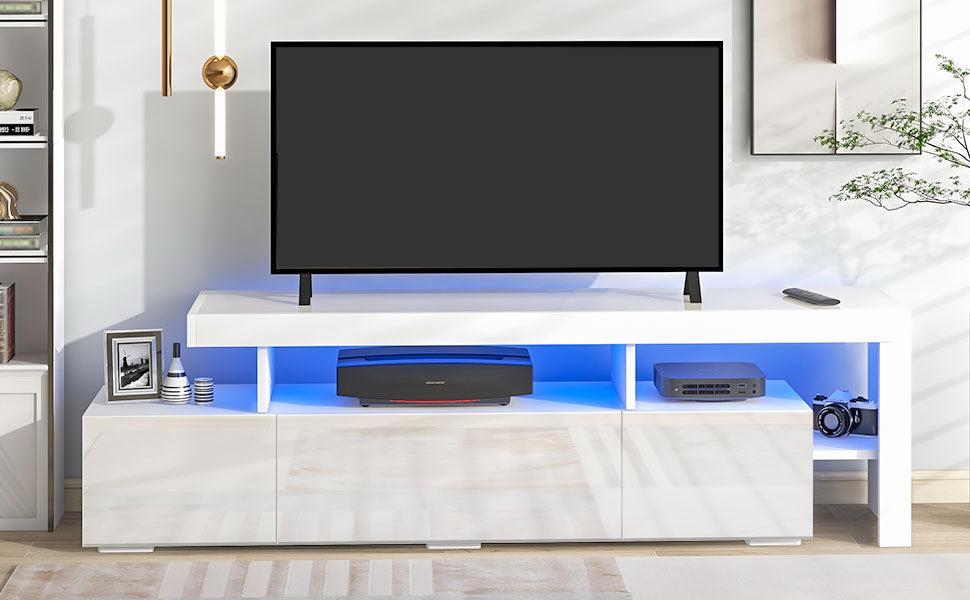 Modern Style 16-colored LED Lights TV Cabinet， UV High Gloss Surface Entertainment Center with DVD Shelf，Up to 70 inch TV, White