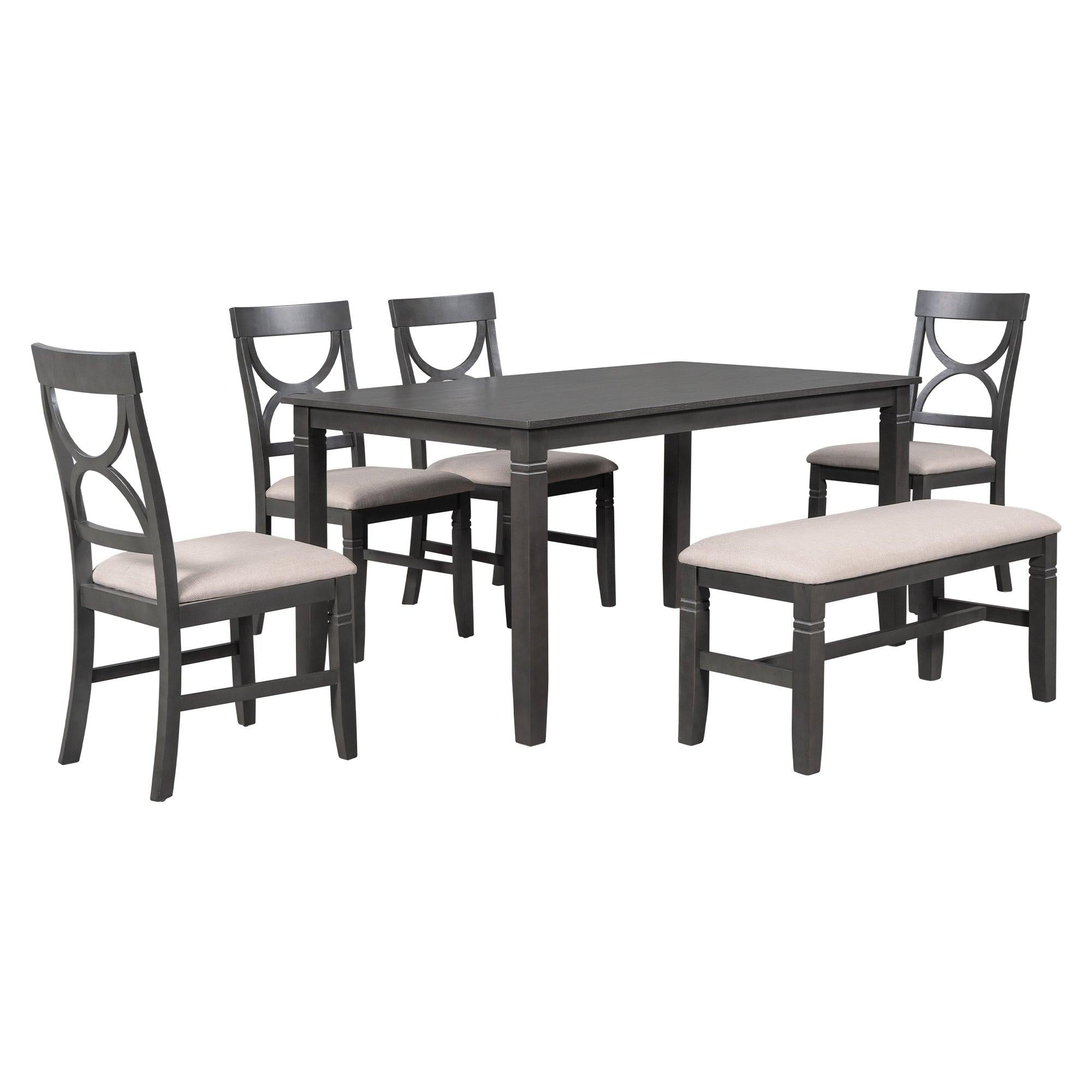 6-Piece Wood Dining Table Set Kitchen Table Set with Upholstered Bench and 4 Dining Chairs, Farmhouse Style,Gray