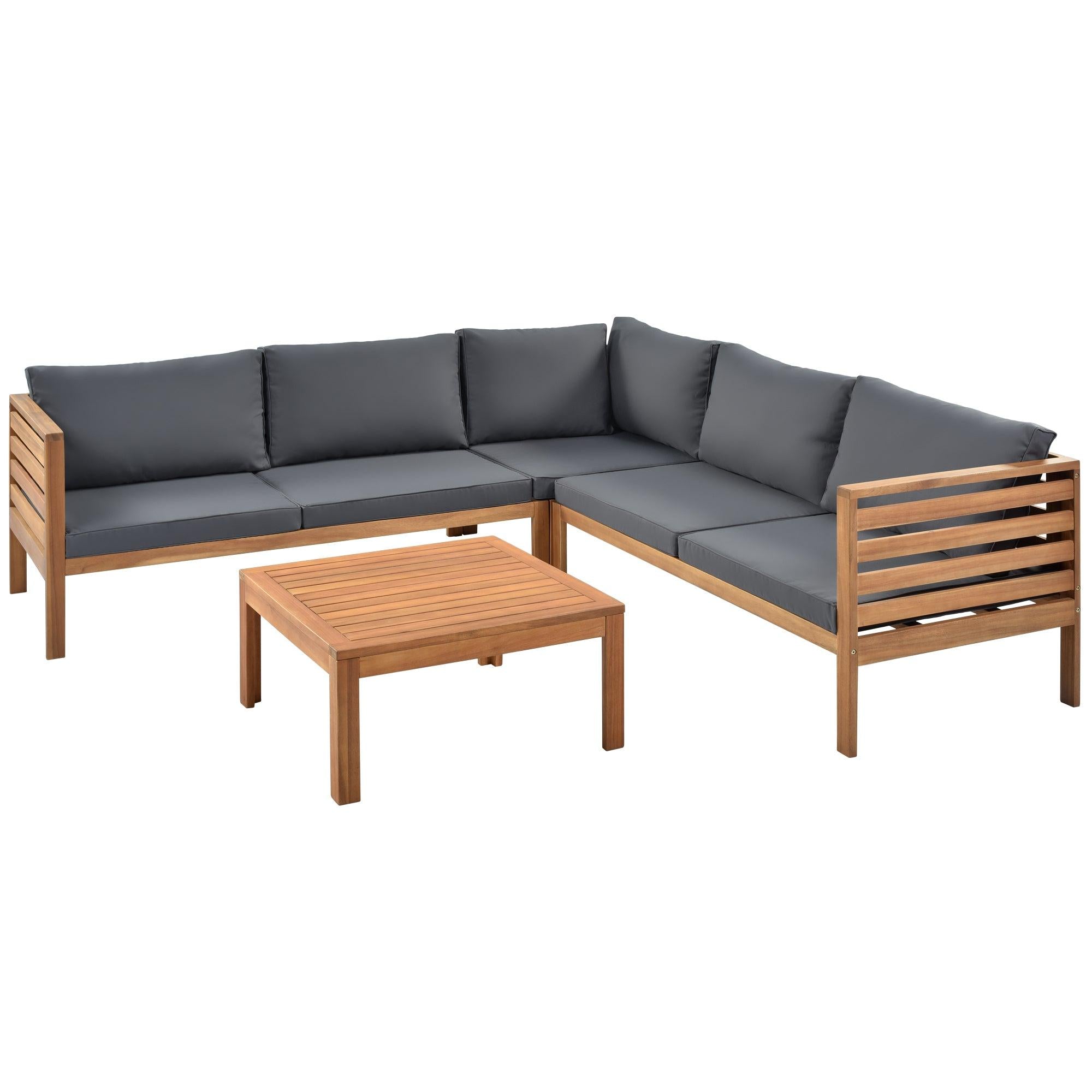 Wood Structure Outdoor Sofa Set with gray Cushions Exotic design Water-resistant and UV Protected texture Two-person Sofa One Corner Sofa plus One Coffee Table Strong Metal Accessories