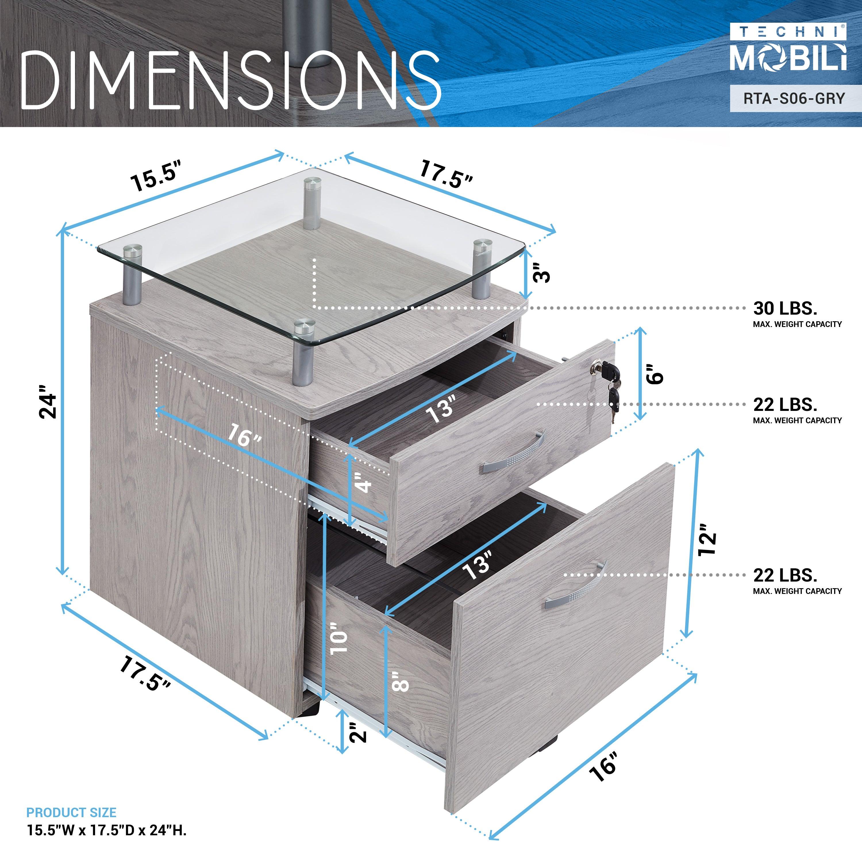 Techni Mobili Rolling File Cabinet with Glass Top, Grey