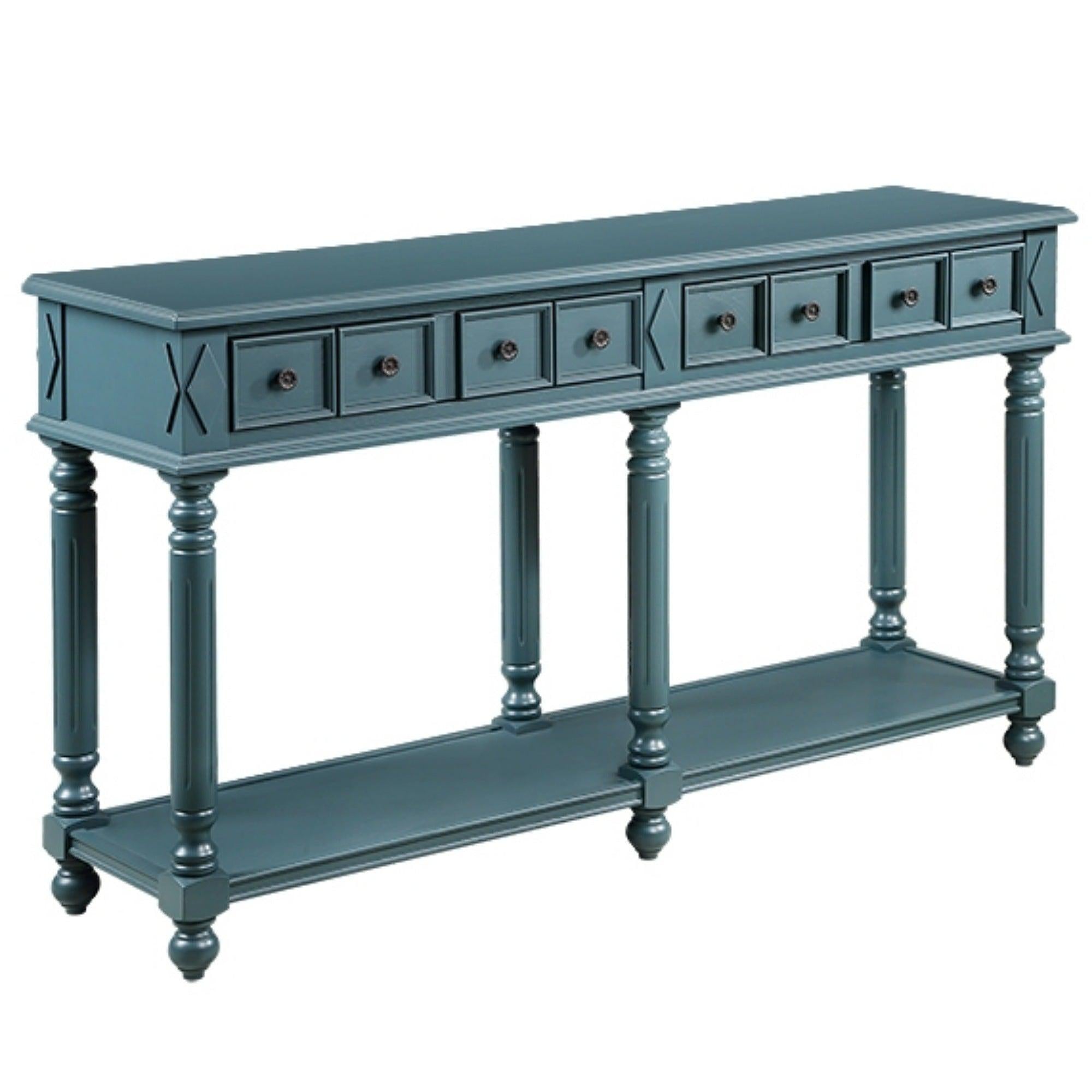 Retro Console Table Entryway Table 58" Long Sofa Table with 2 Drawers in Same Size and Bottom Shelf forStorage (Dark Blue)