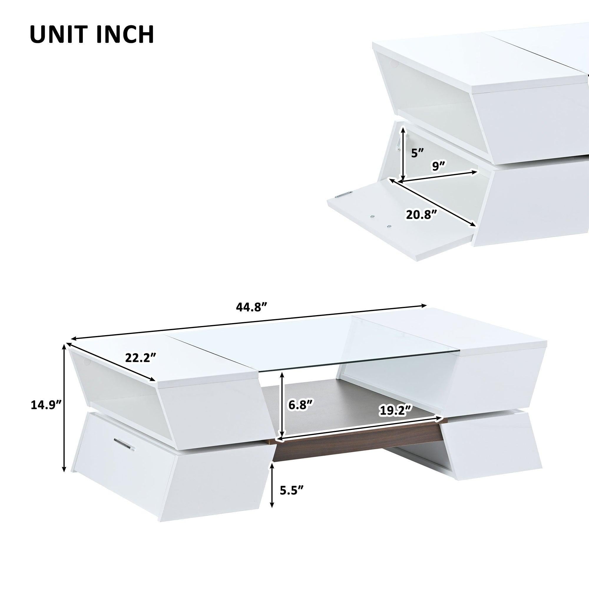 6mm Glass-Top Coffee Table with Open Shelves and Cabinets, Geometric Style Cocktail Table with GreatStorage Capacity,Modernist 2-Tier Center Table for Living Room, White